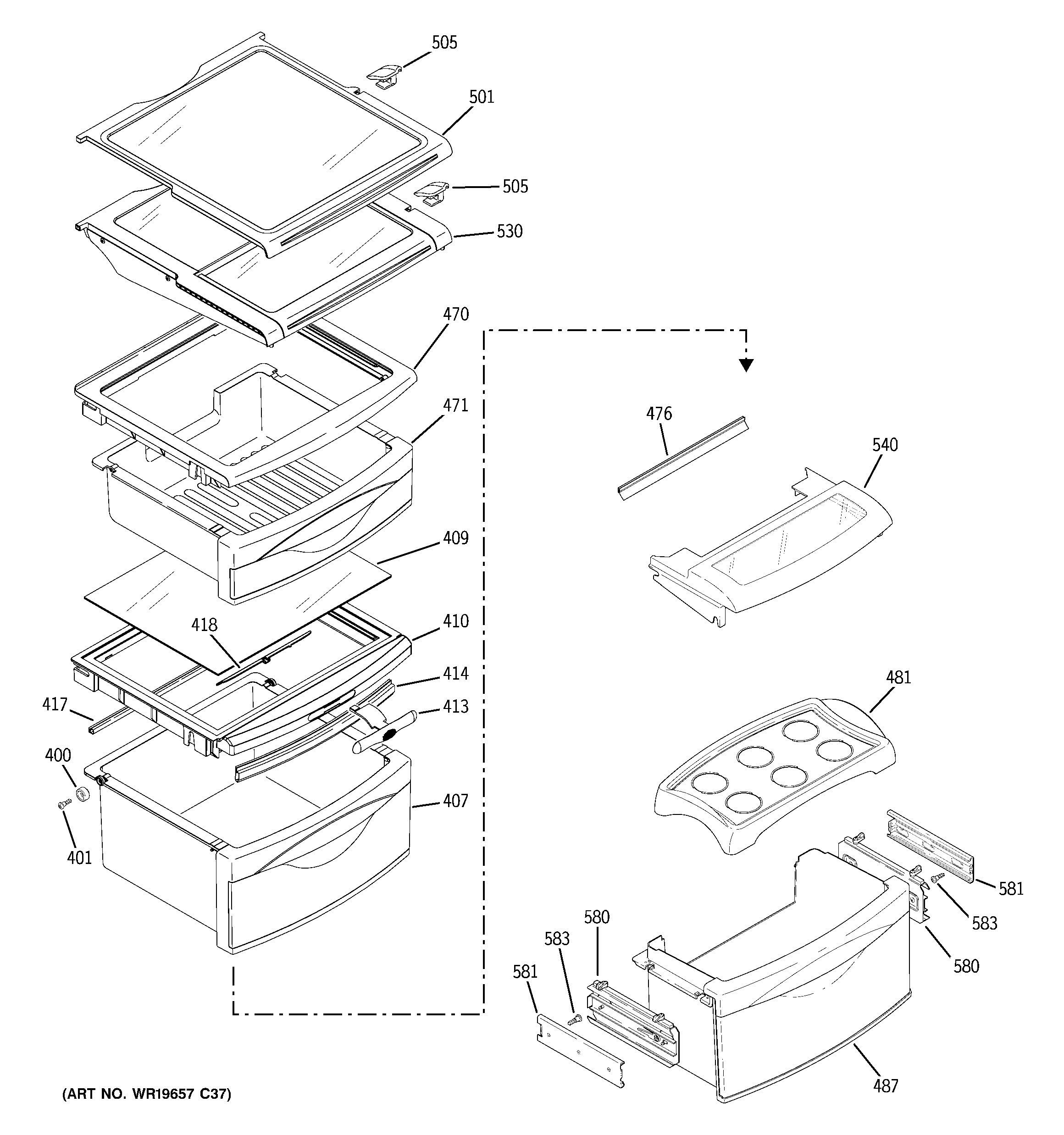 GE ZFSB26DRISS fresh food shelves diagram