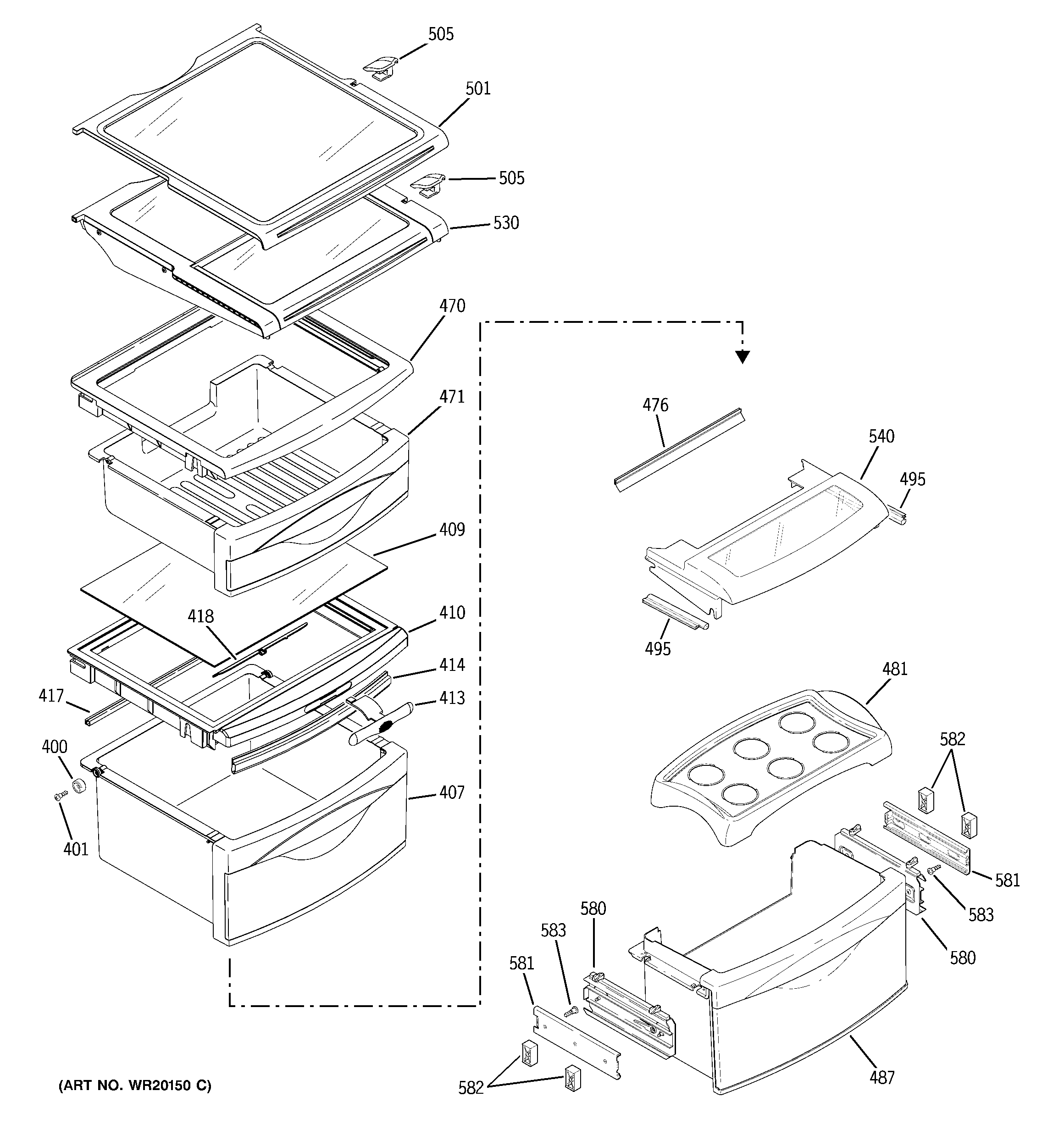 GE PSH23PGWAWV fresh food shelves diagram