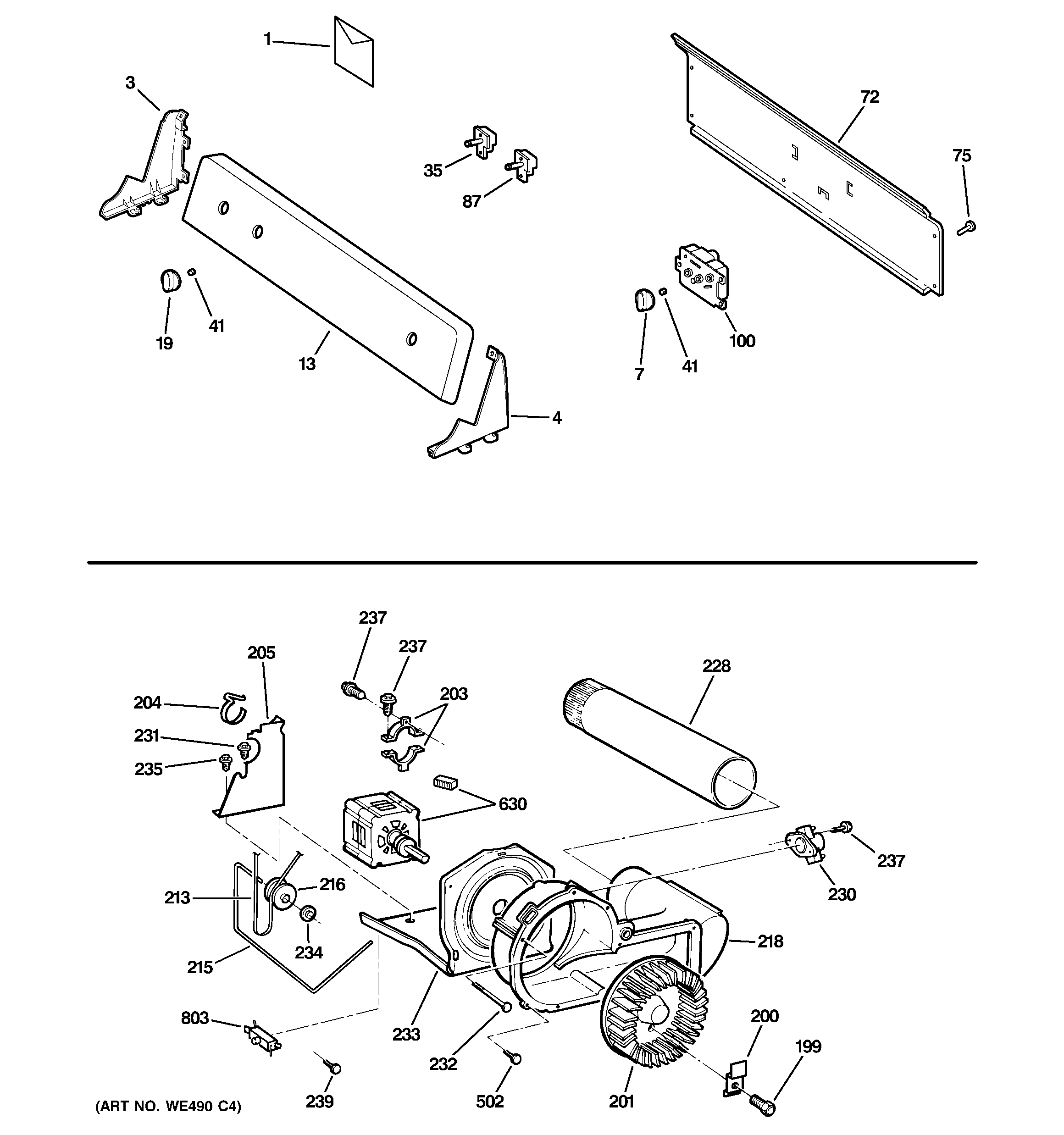 GE DBXR463GG1WW backsplash, blower & motor assembly diagram