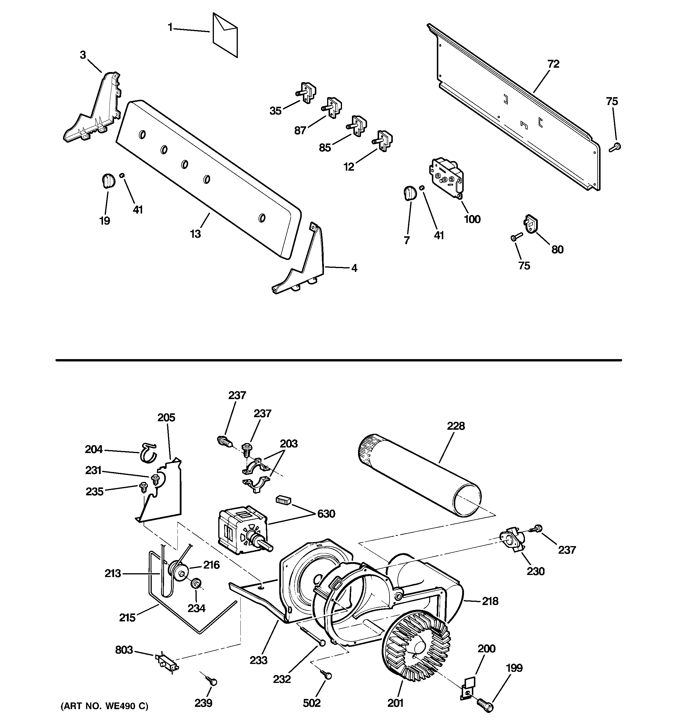 GE DWXR483EG1WW backsplash, blower & motor diagram