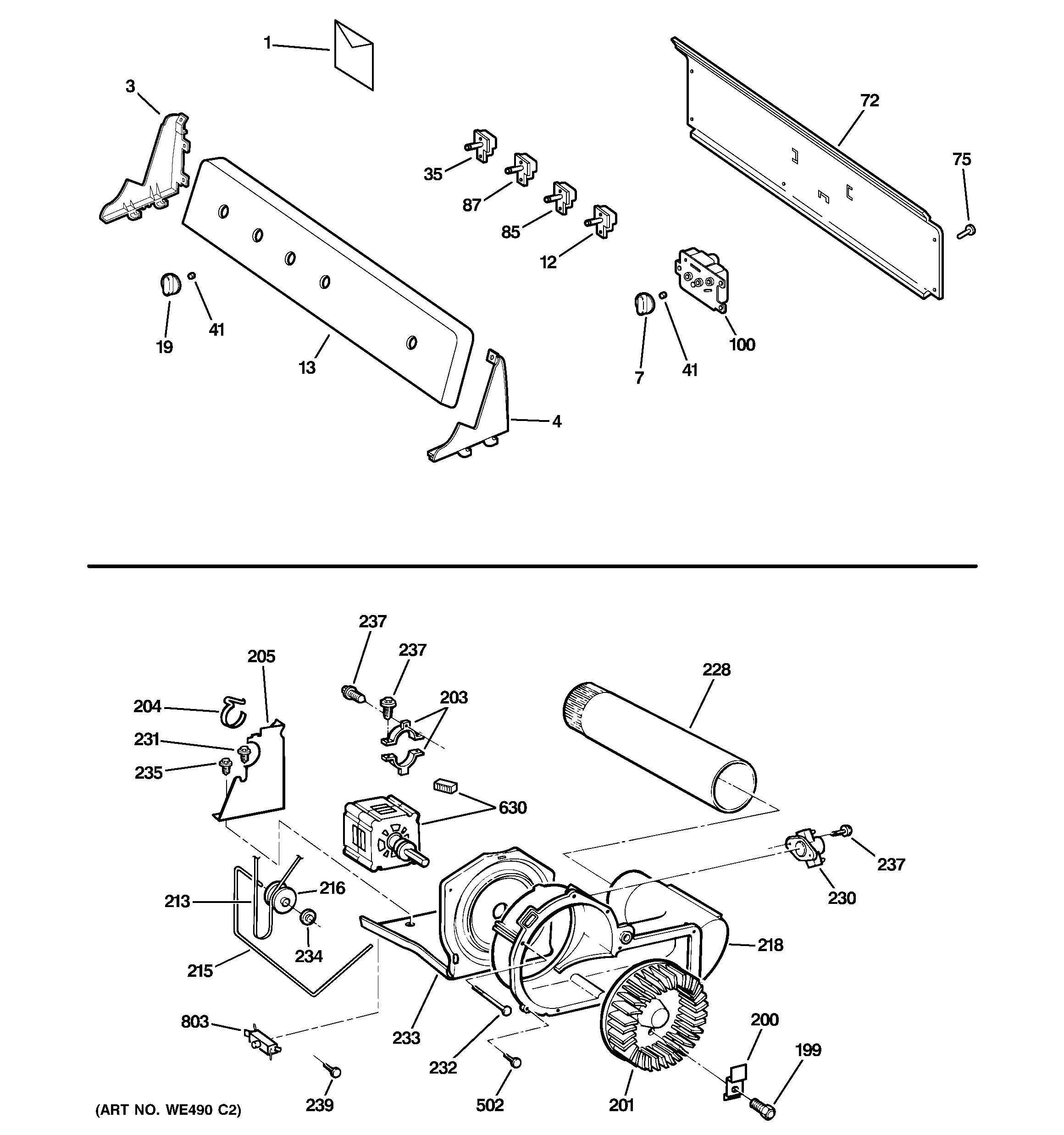 GE DWXR483GG1WW backsplash, blower & motor diagram