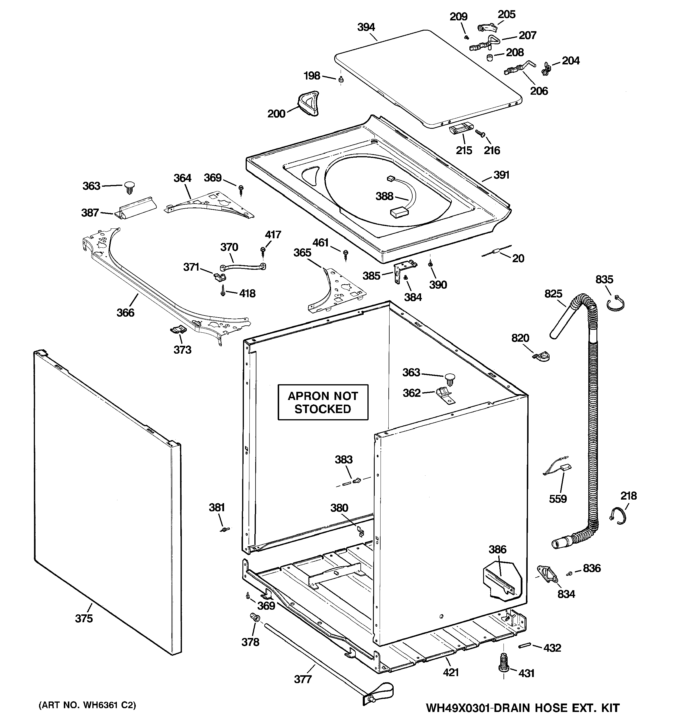 GE GWSE5240H1WW cabinet, cover & front panel diagram