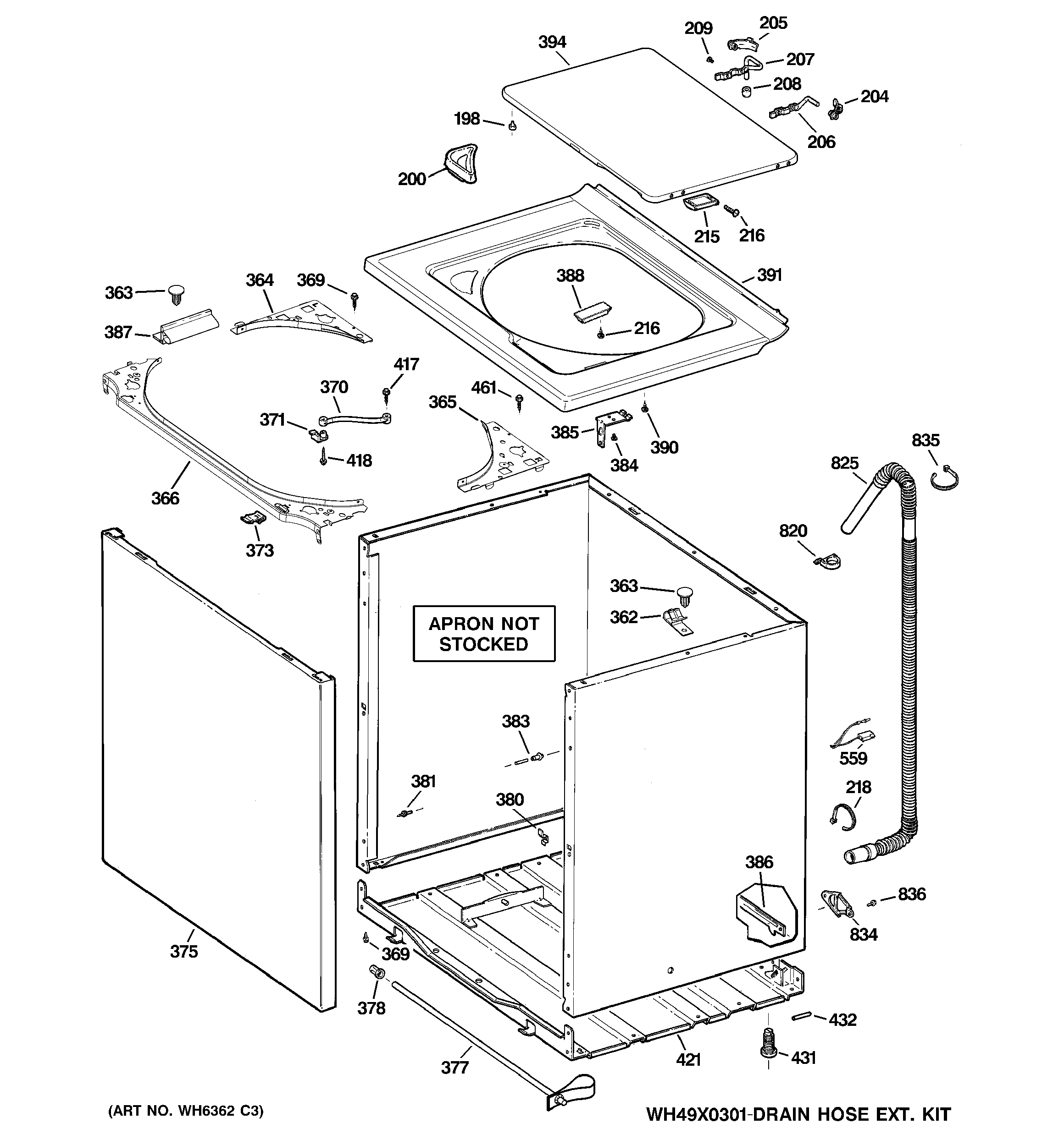 GE WHDRR418G1WW cabinet, cover & front panel diagram