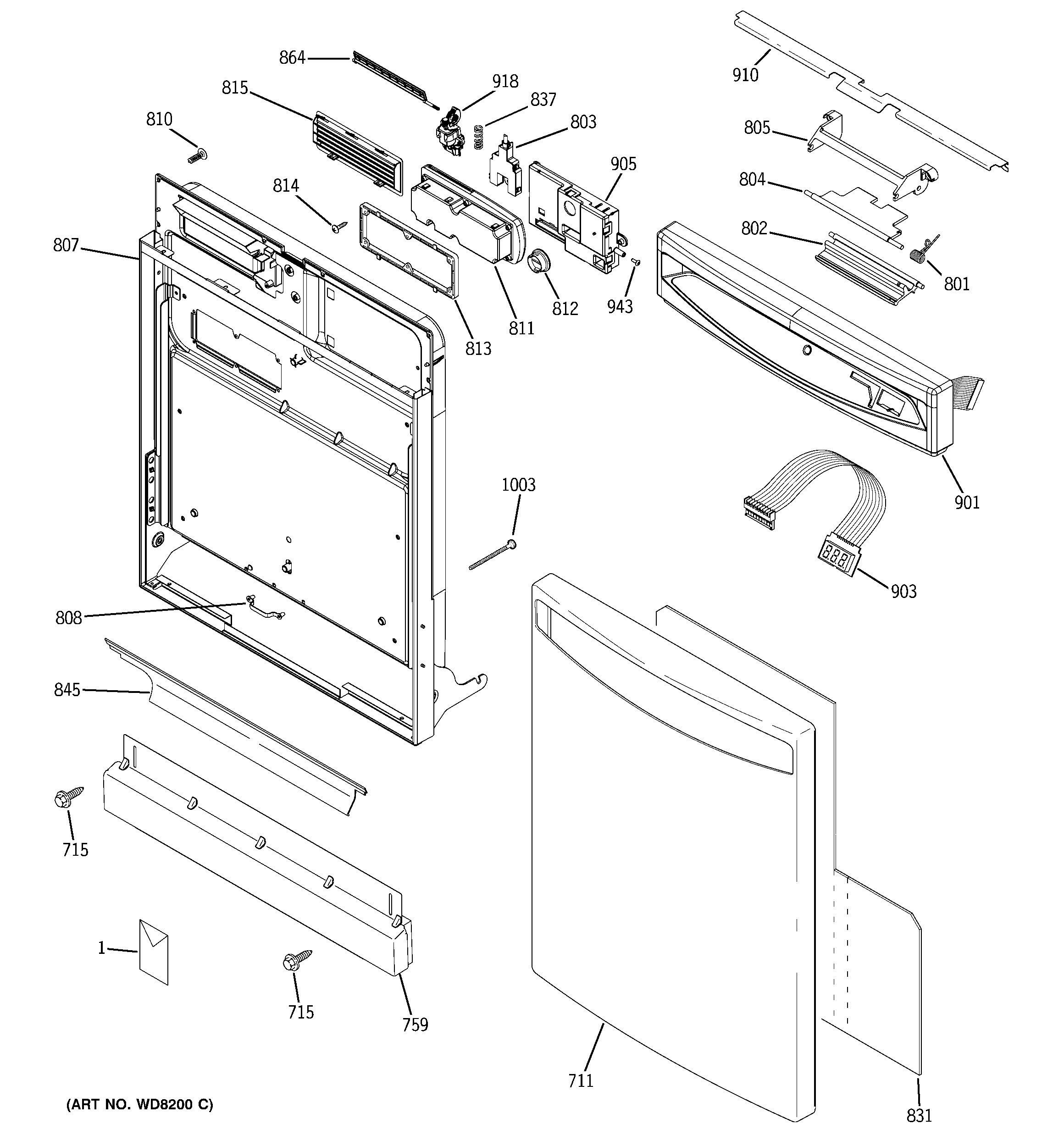 GE PDW7800N00CC escutcheon & door assembly diagram