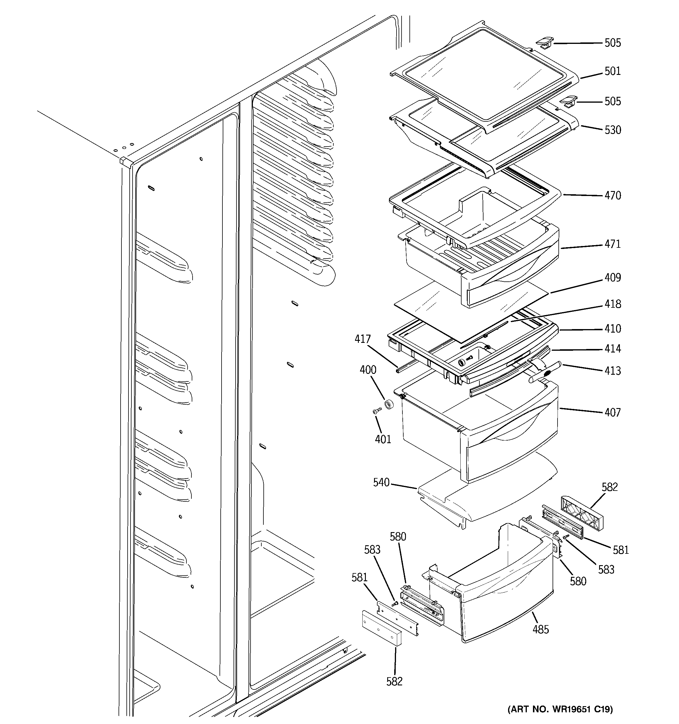 GE PSS26PSSCSS fresh food shelves diagram