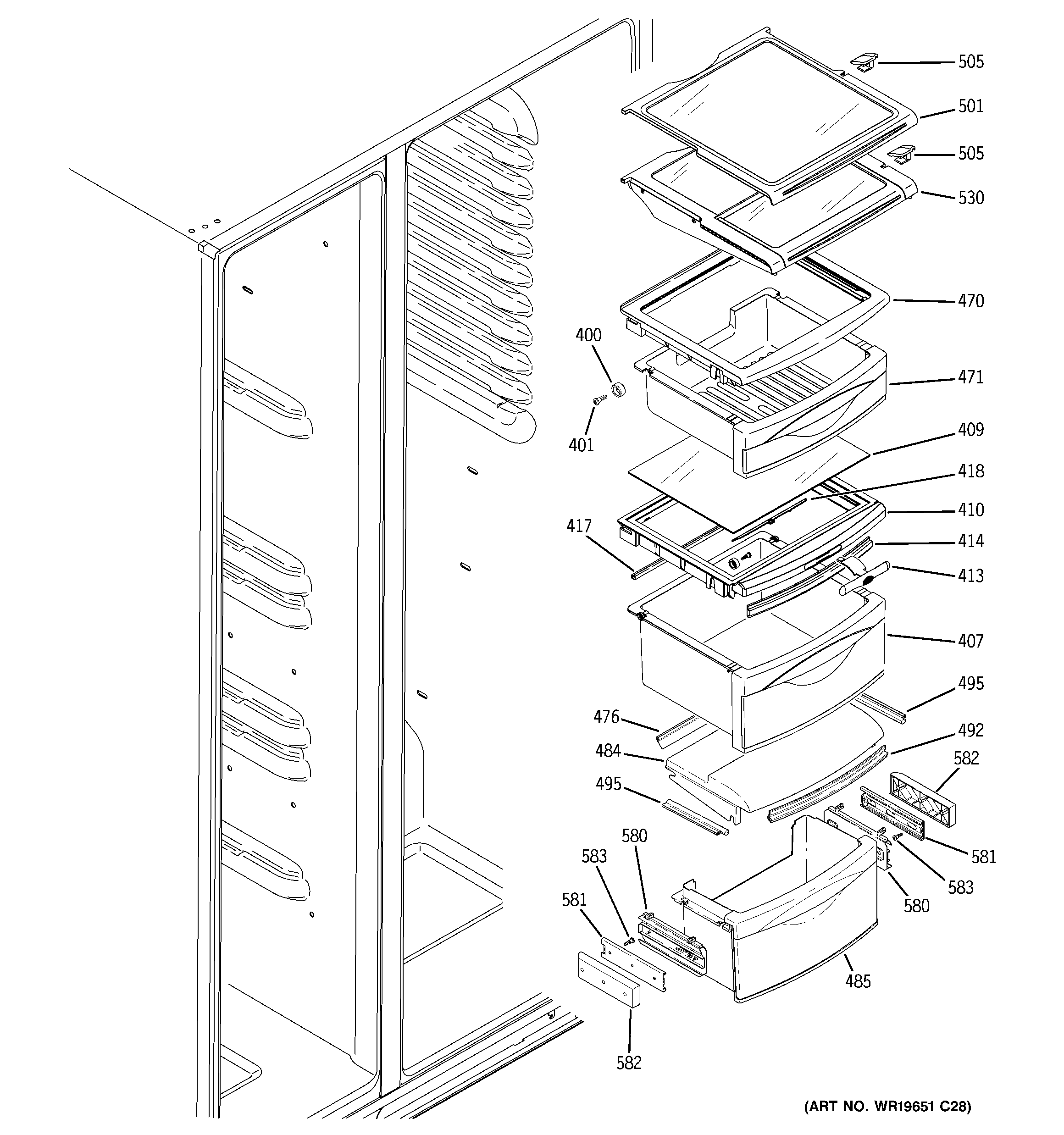 GE PJG25MGTAFKB fresh food shelves diagram