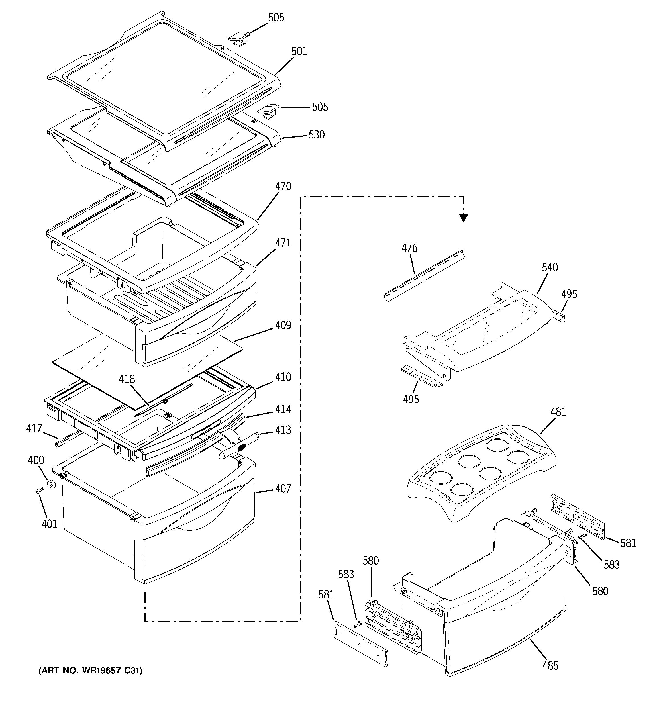 GE PSH25MGTBBV fresh food shelves diagram