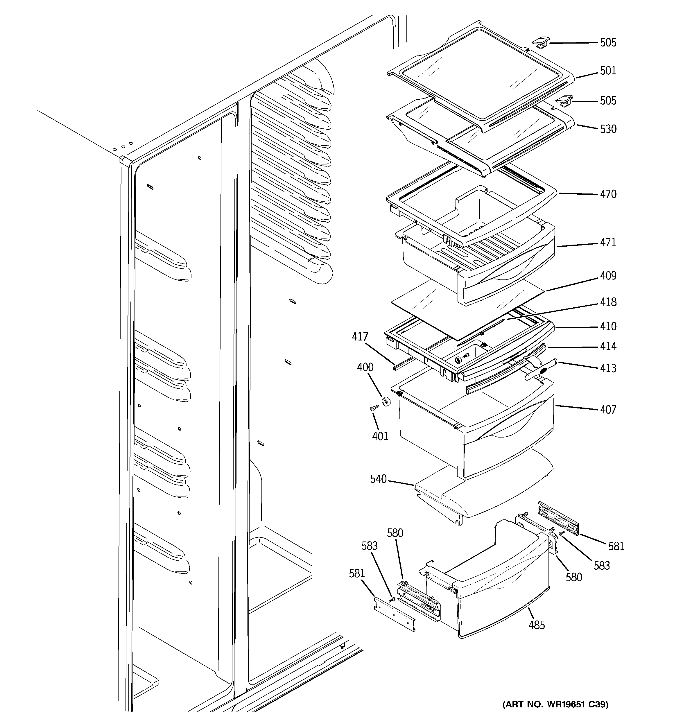 GE PSS26PSTASS fresh food shelves diagram