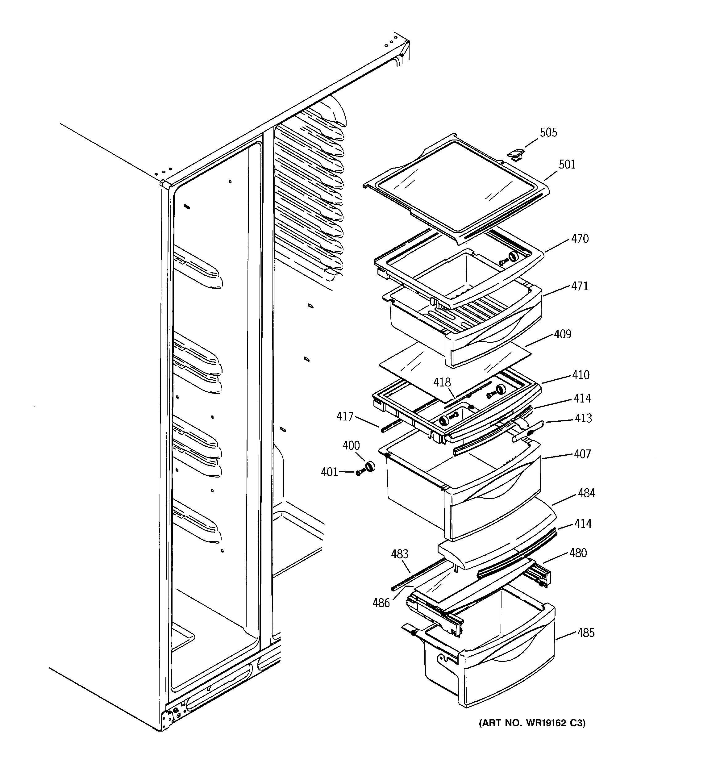 GE GSS25XSRESS fresh food shelves diagram