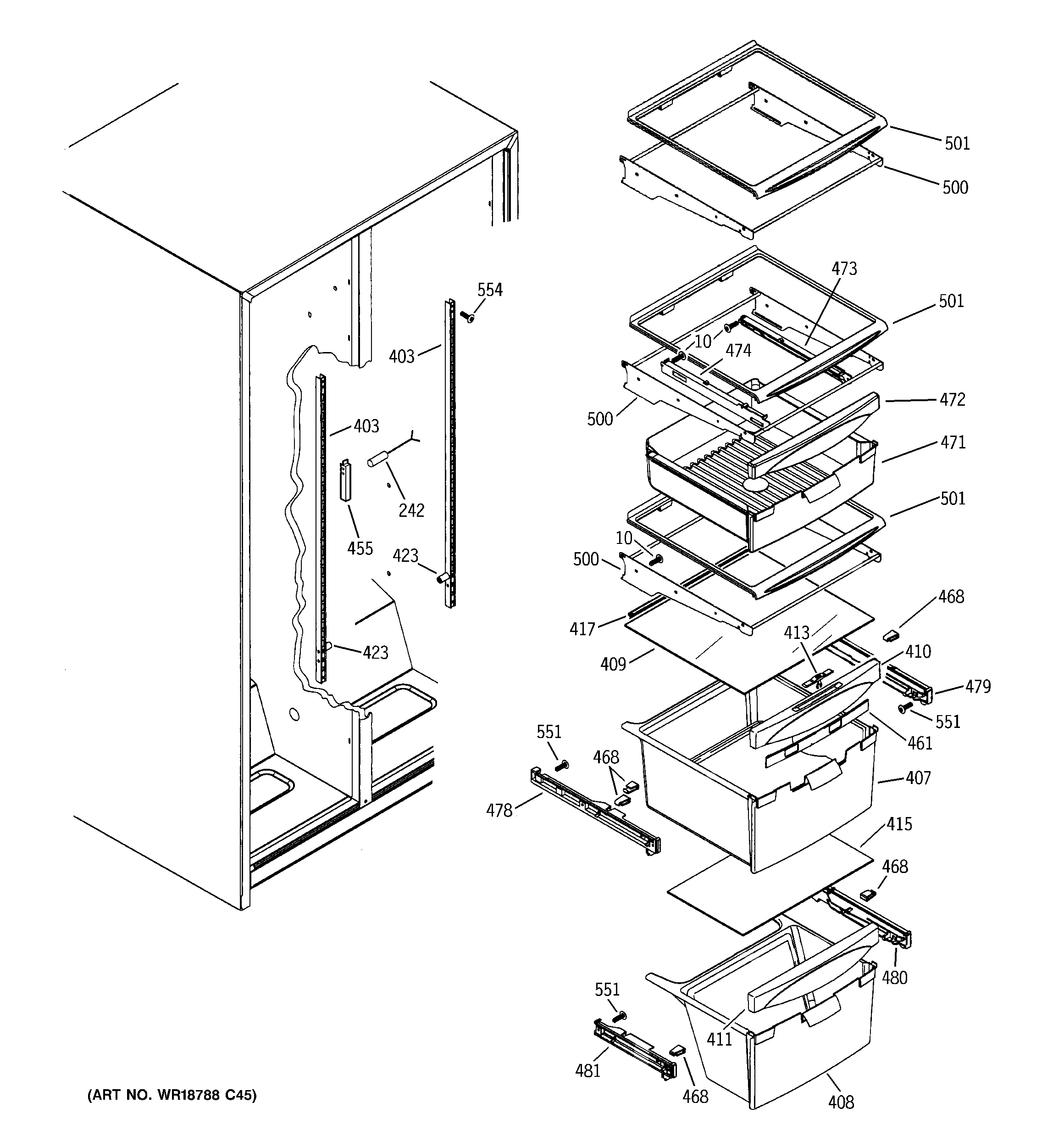 GE ESL25JFWABS fresh food shelves diagram