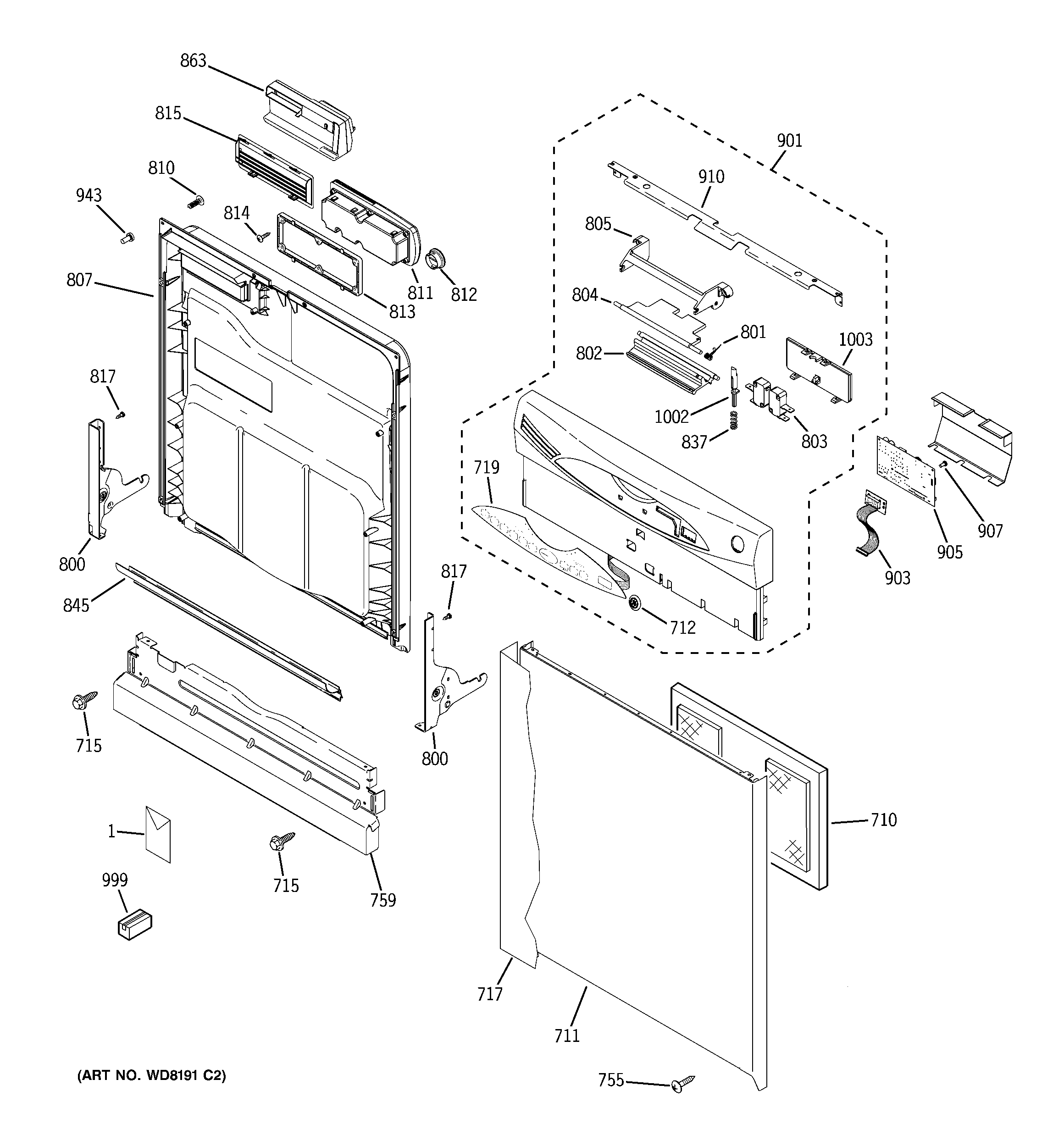 GE GHD6711N00BB escutcheon & door assembly diagram