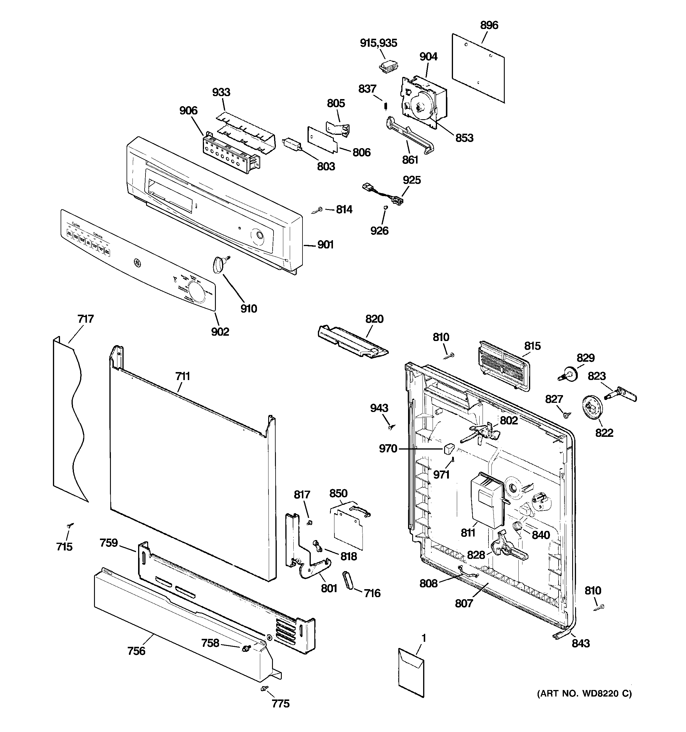 GE GHDA350N00WW escutcheon & door assembly diagram