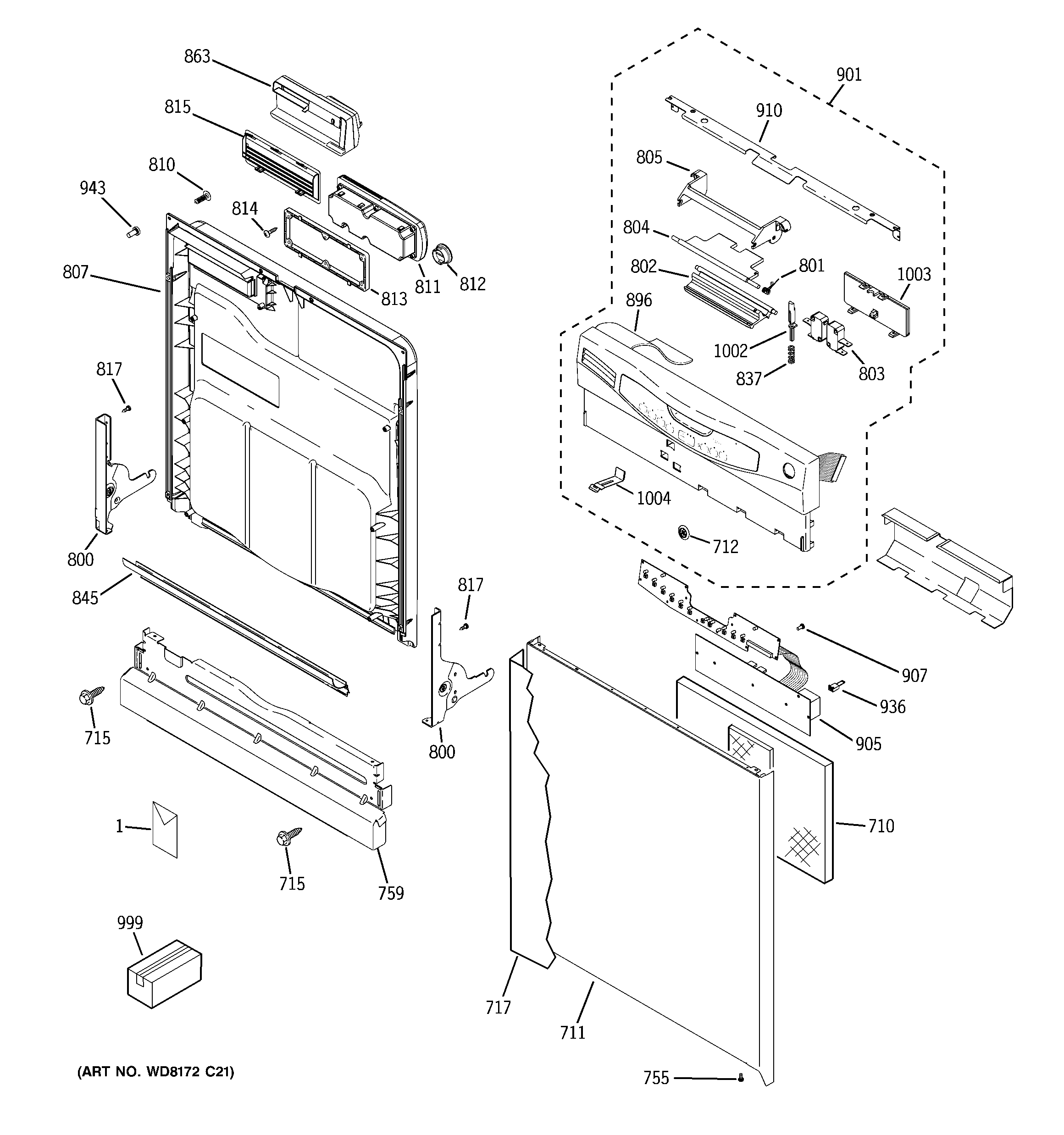GE GLD5600N10WW escutcheon & door assembly diagram