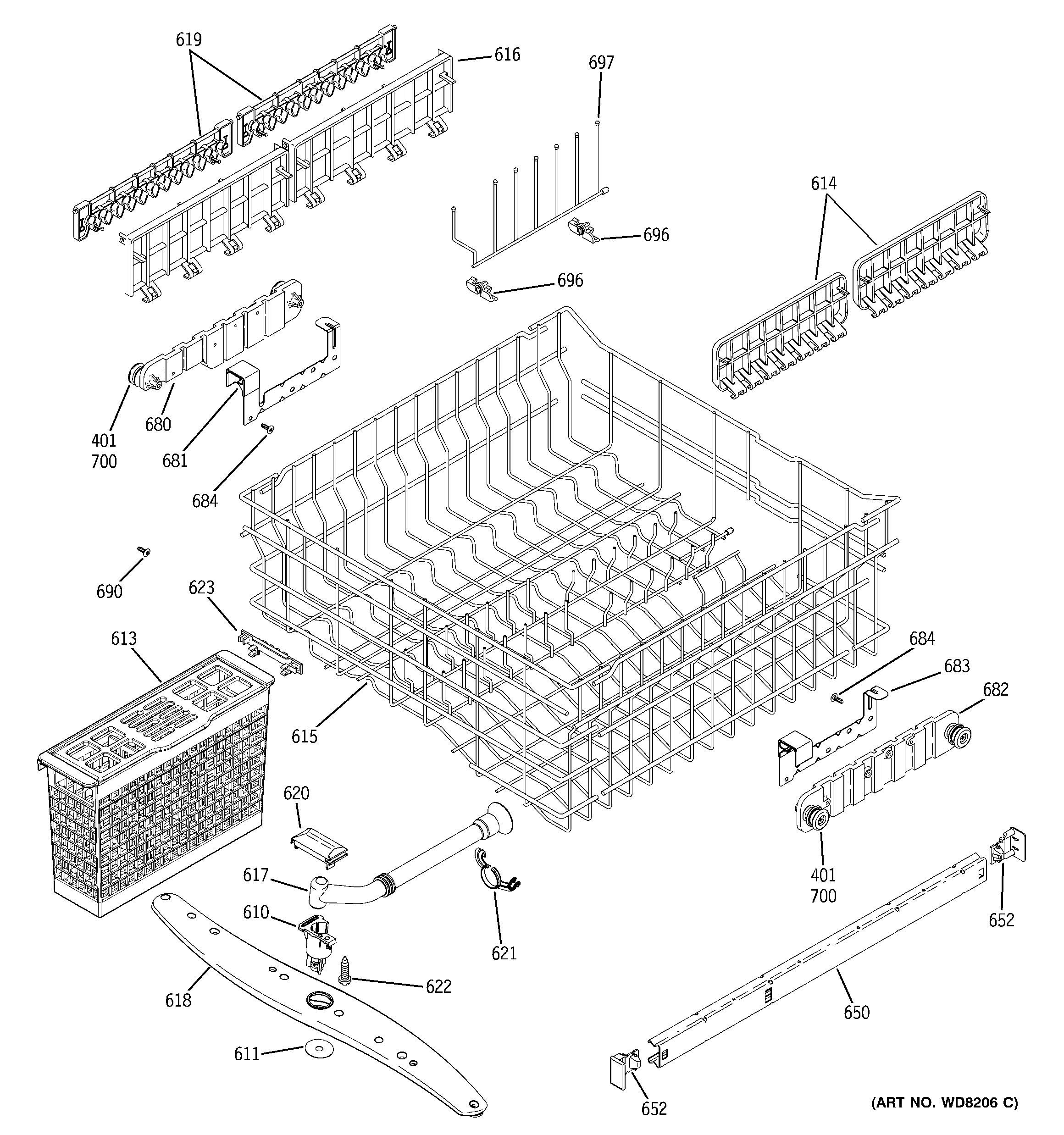 GE GLD6800N10BB upper rack assembly diagram