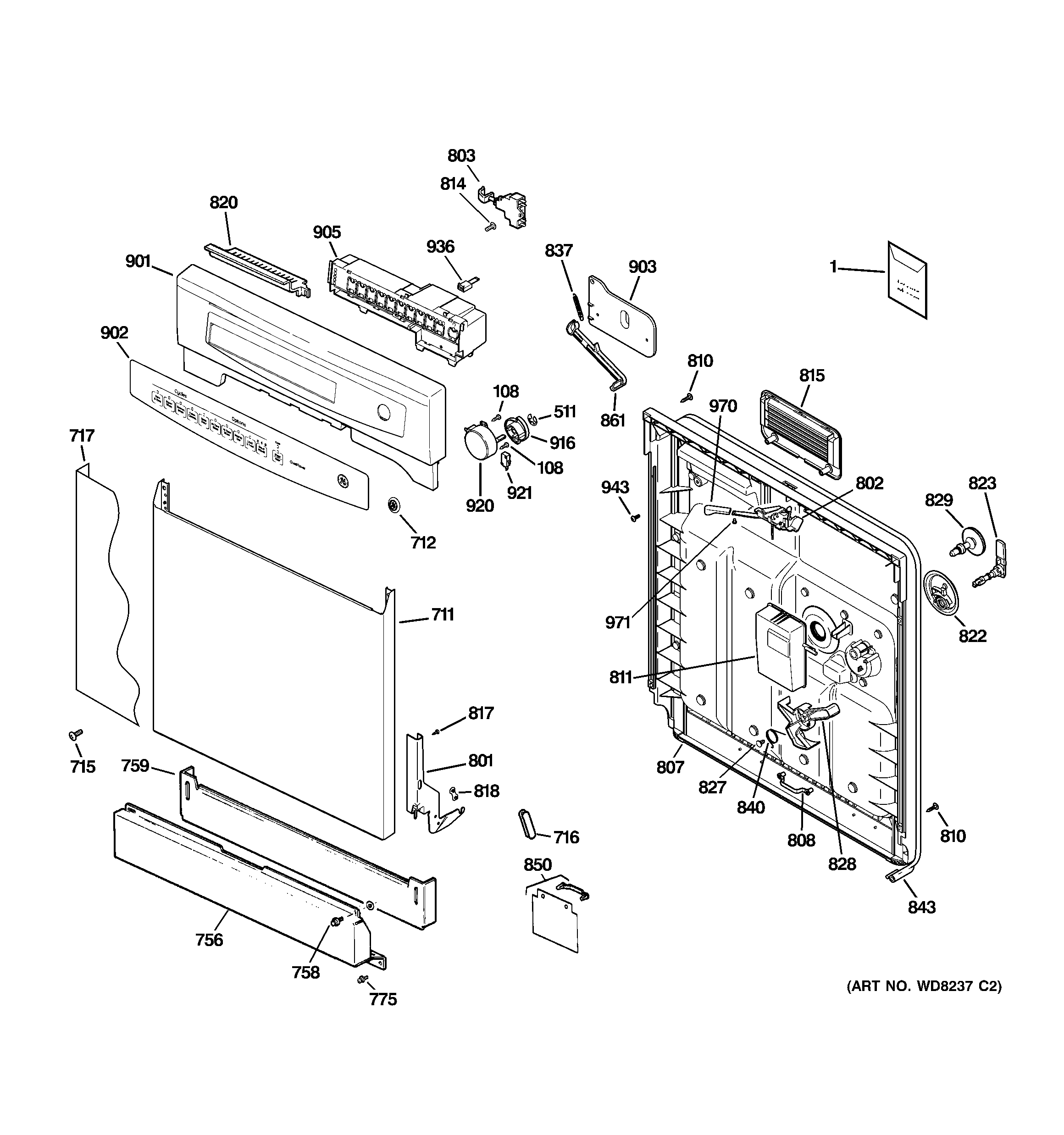 GE GSD4060N00SS escutcheon & door assembly diagram