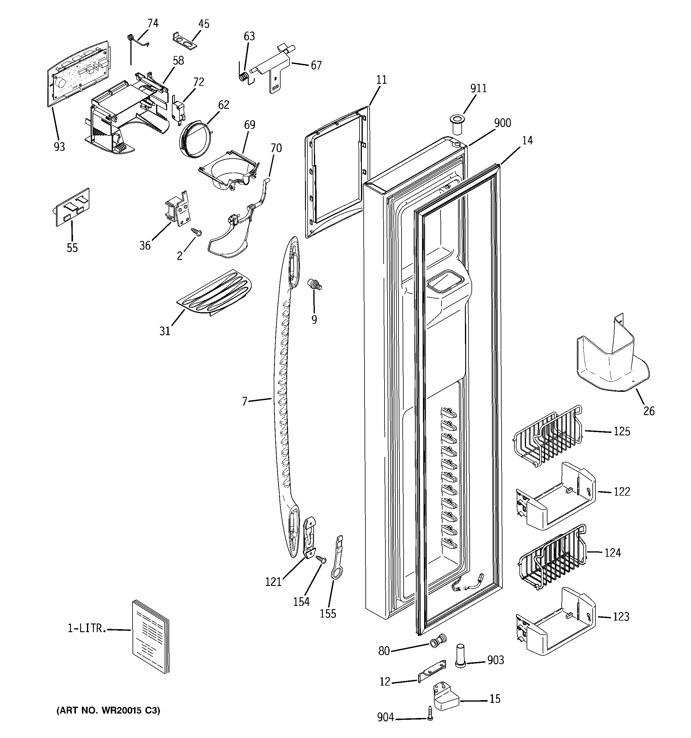 GE PCF23NGTCBB freezer door diagram