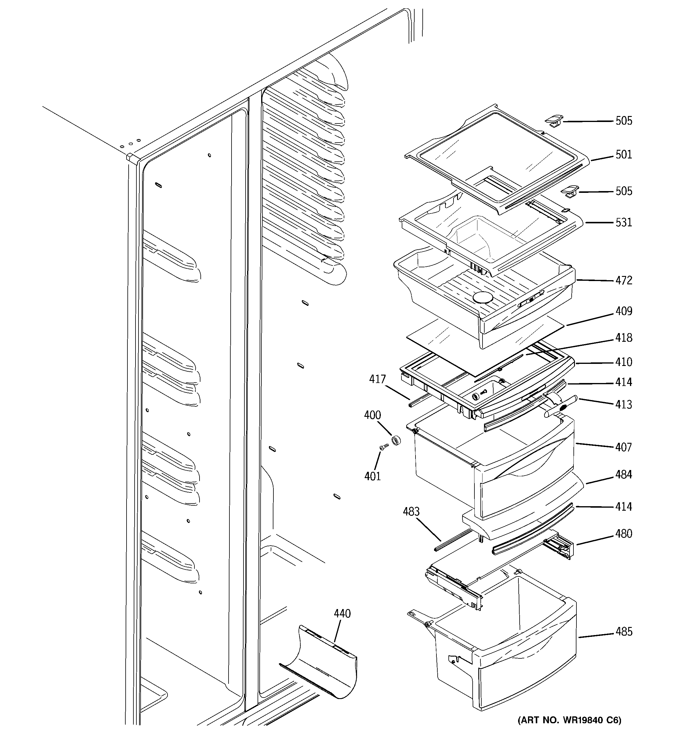 GE ESS25QSWASS fresh food shelves diagram