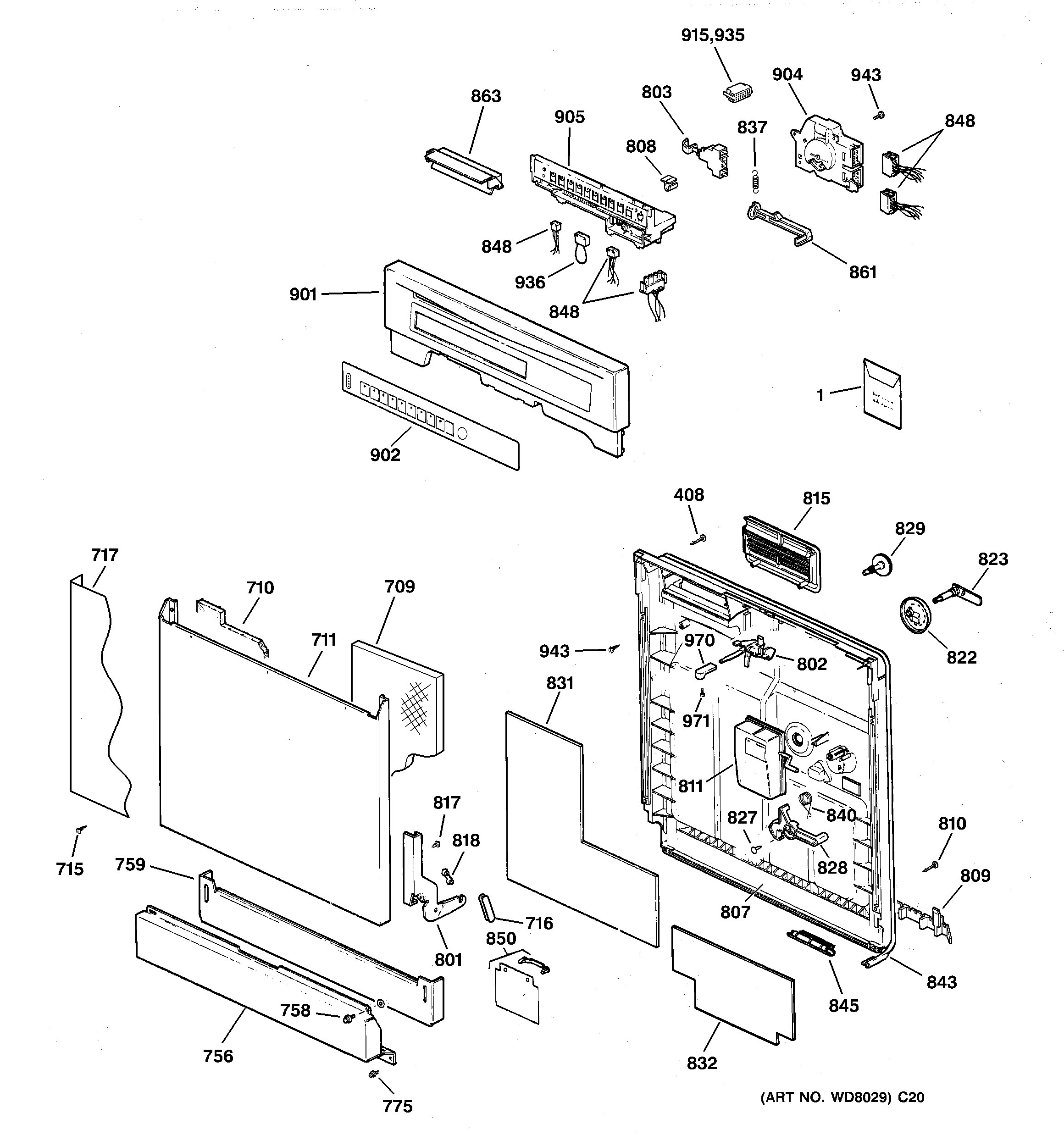 GE GSD5150F01CC escutcheon & door assembly diagram