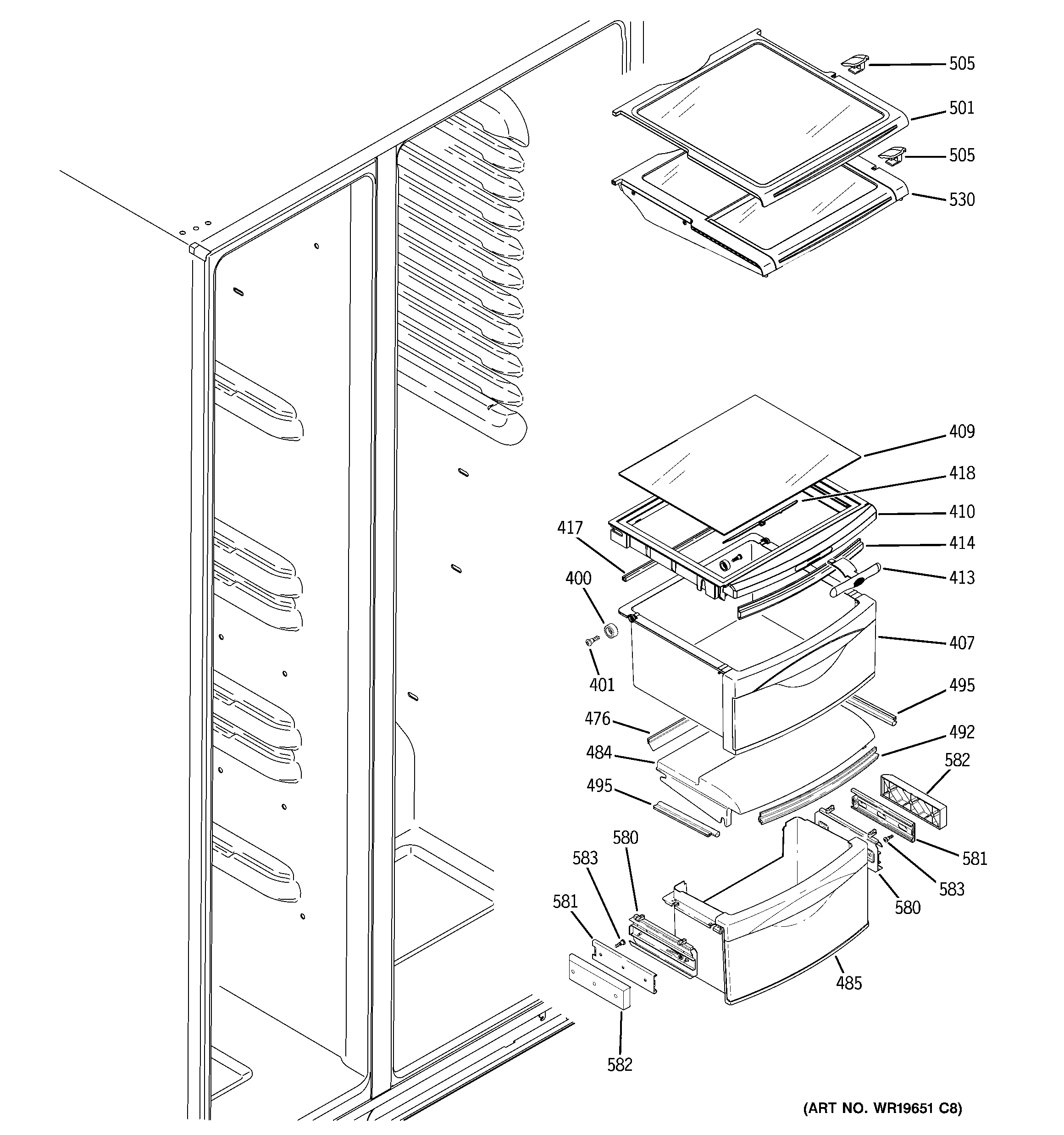 GE GCE21LGWAFWW fresh food shelves diagram