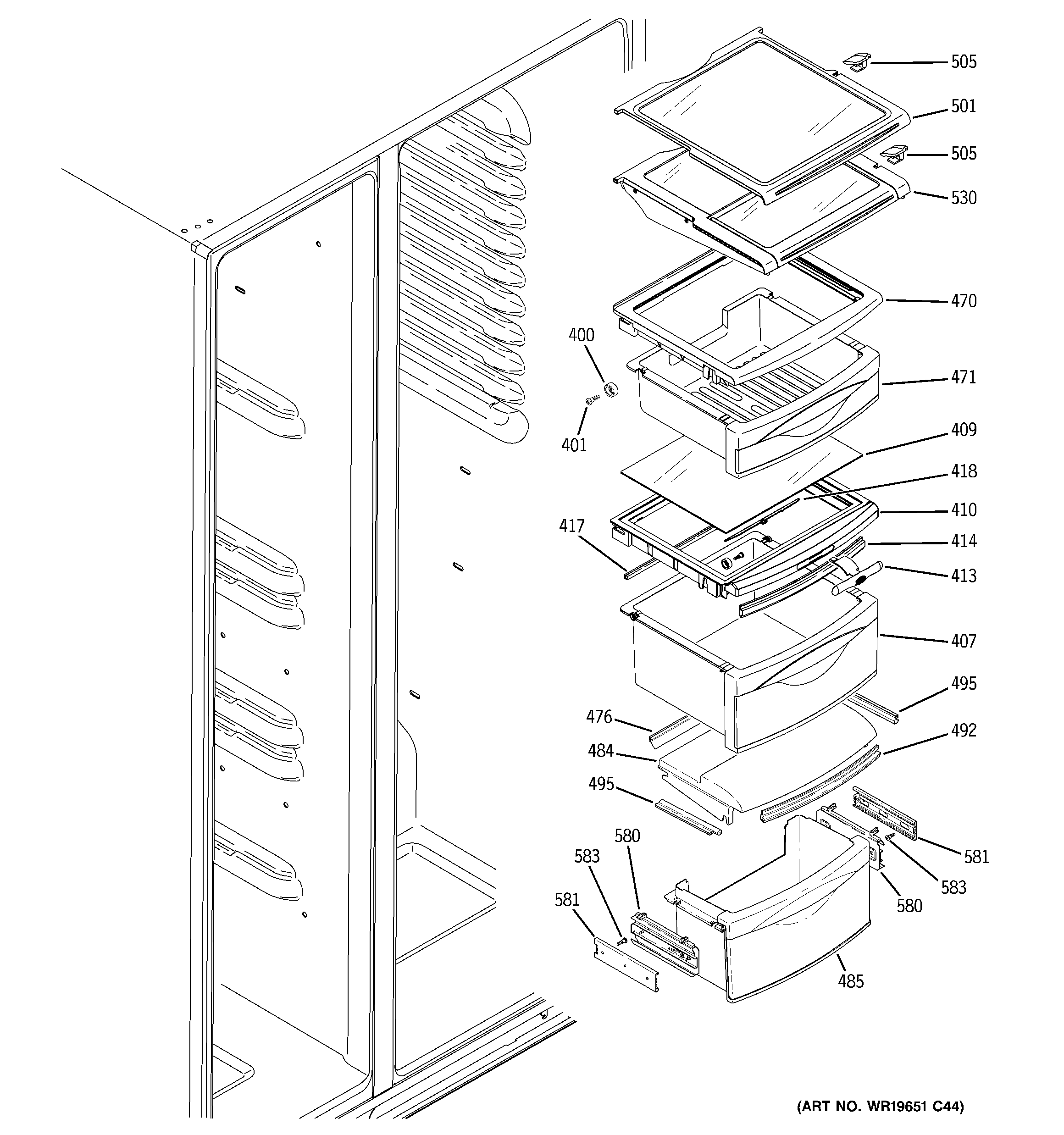 GE GCF23KGWDBB fresh food shelves diagram
