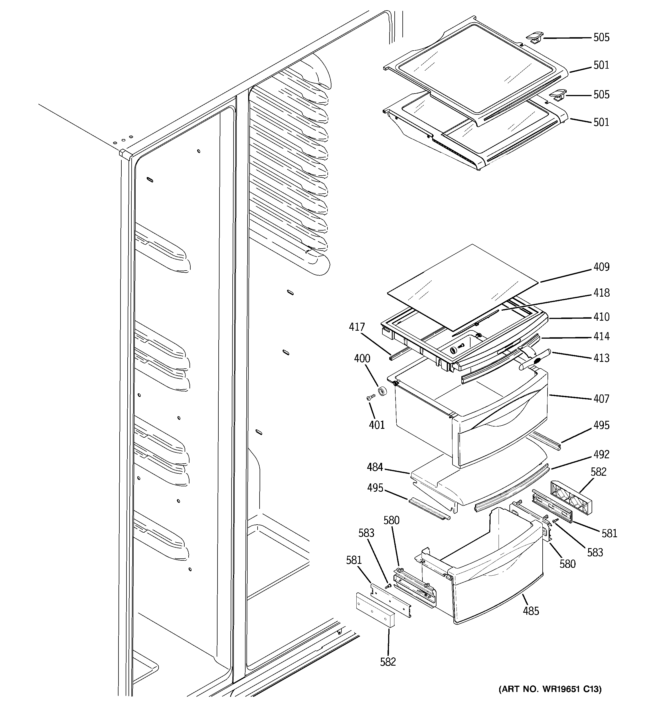 GE GCU21LGWAFSS fresh food shelves diagram