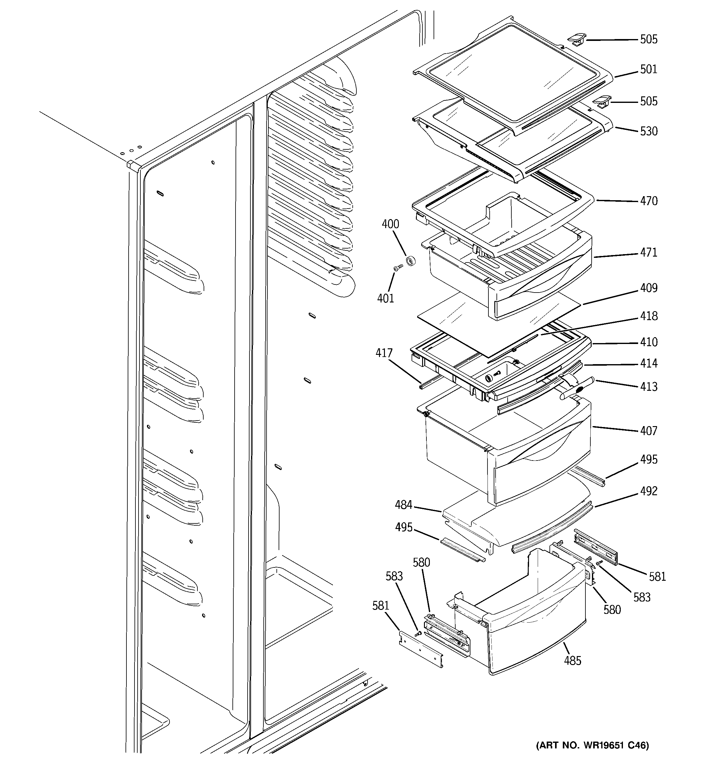 GE GSC23KSWDSS fresh food shelves diagram