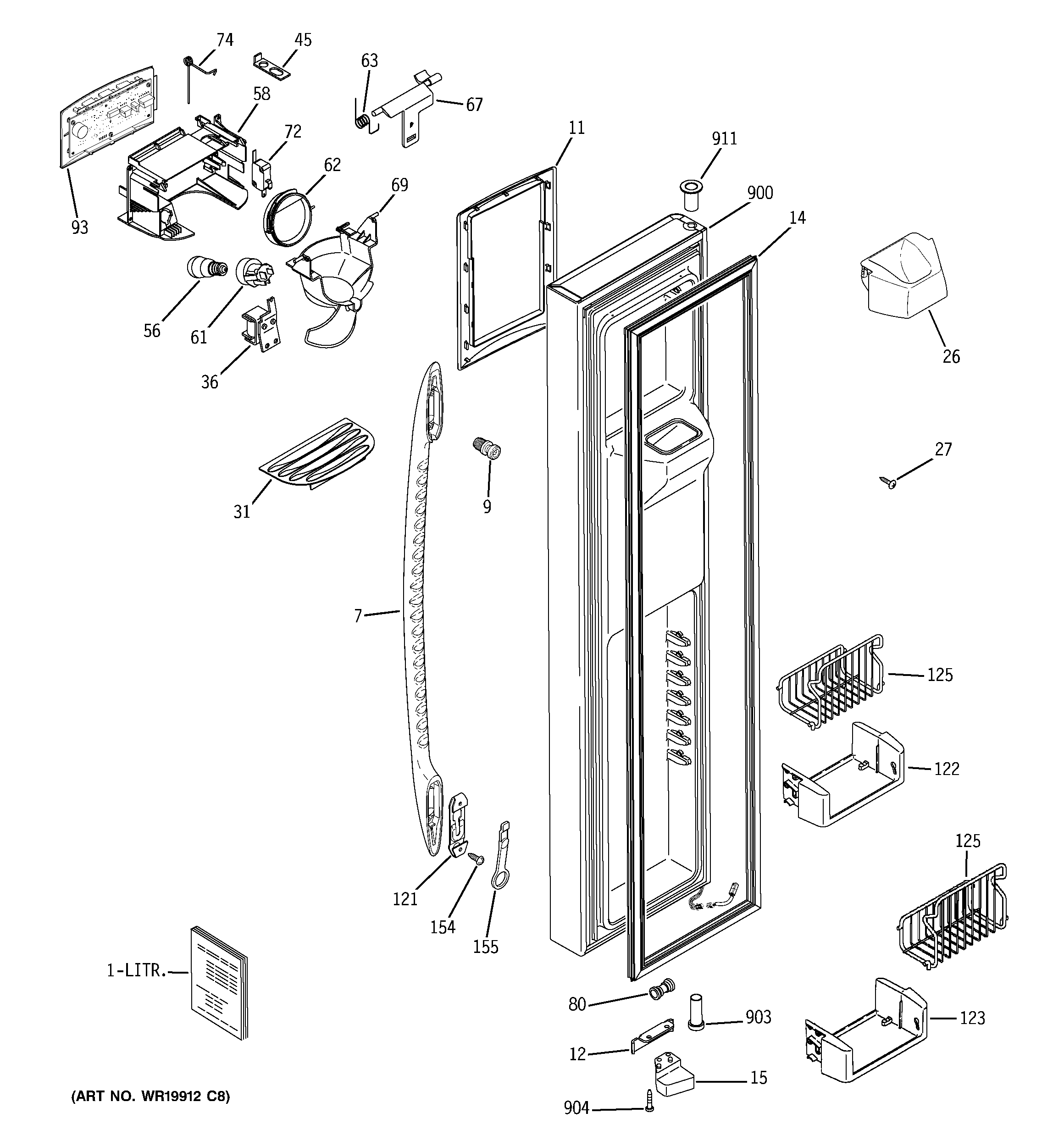 GE PHE25MGTEFWW freezer door diagram