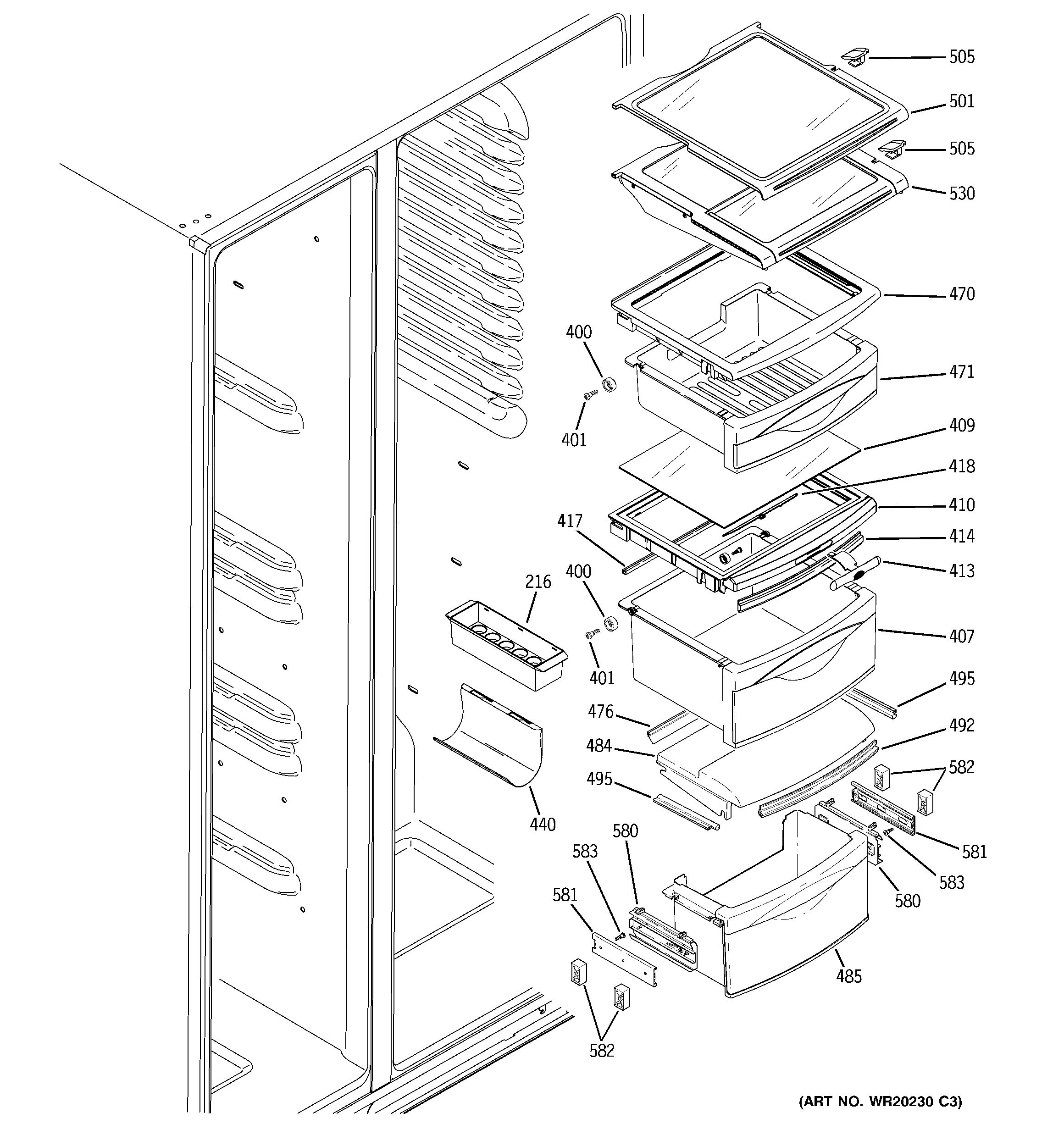 GE PHE25MGTEFWW fresh food shelves diagram