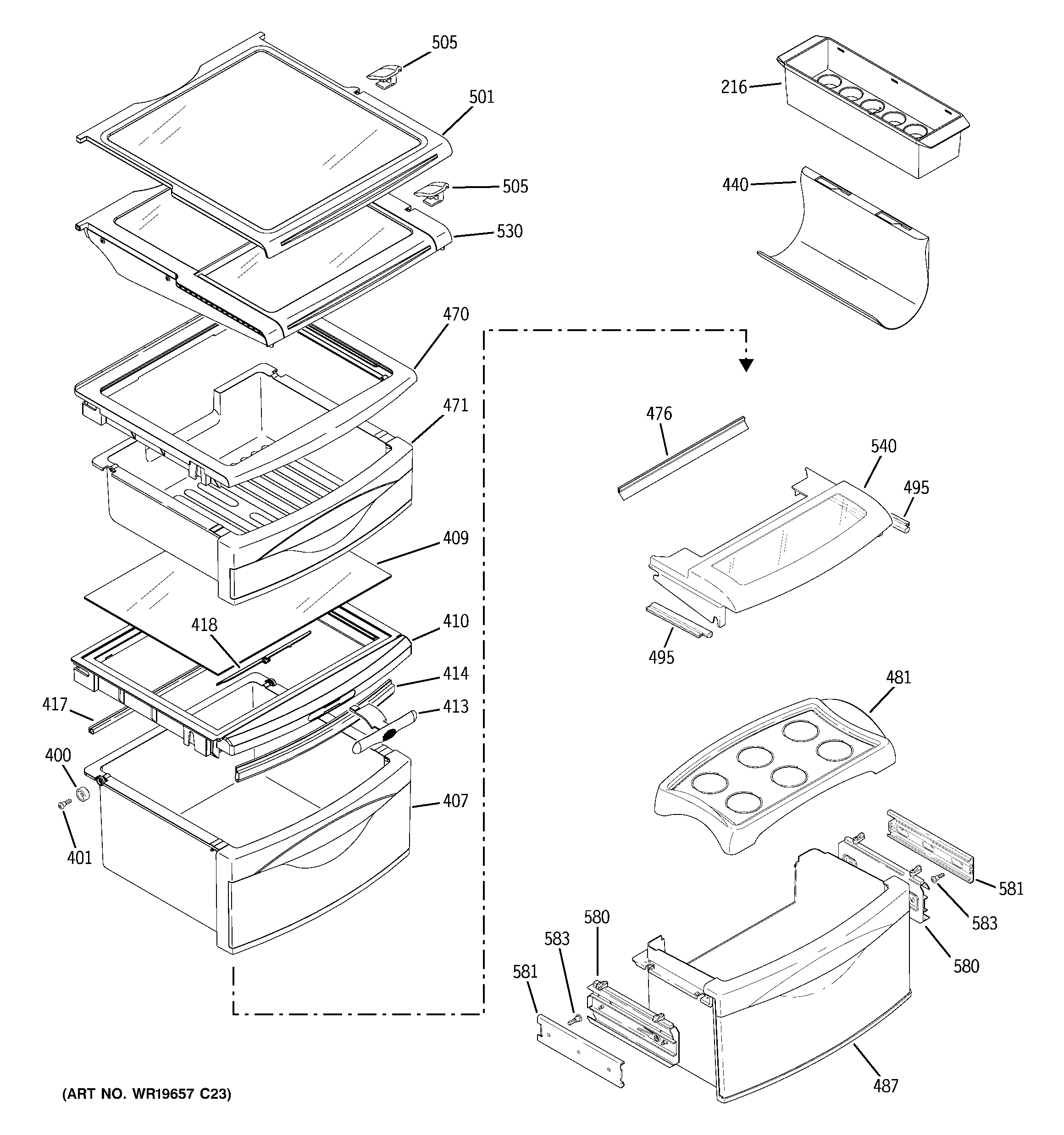 GE PSE29NHTECBB fresh food shelves diagram