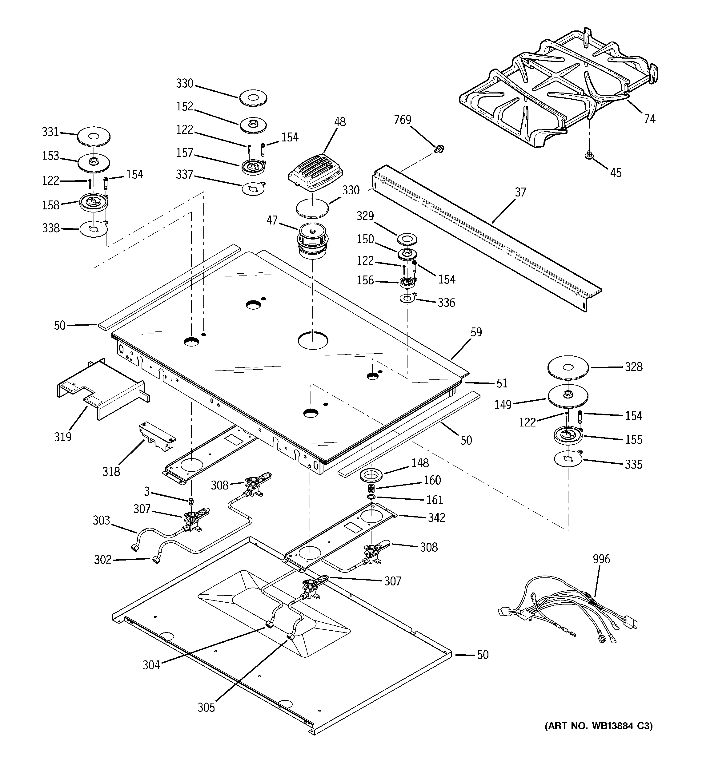 GE JGS968TEK4WW cooktop diagram