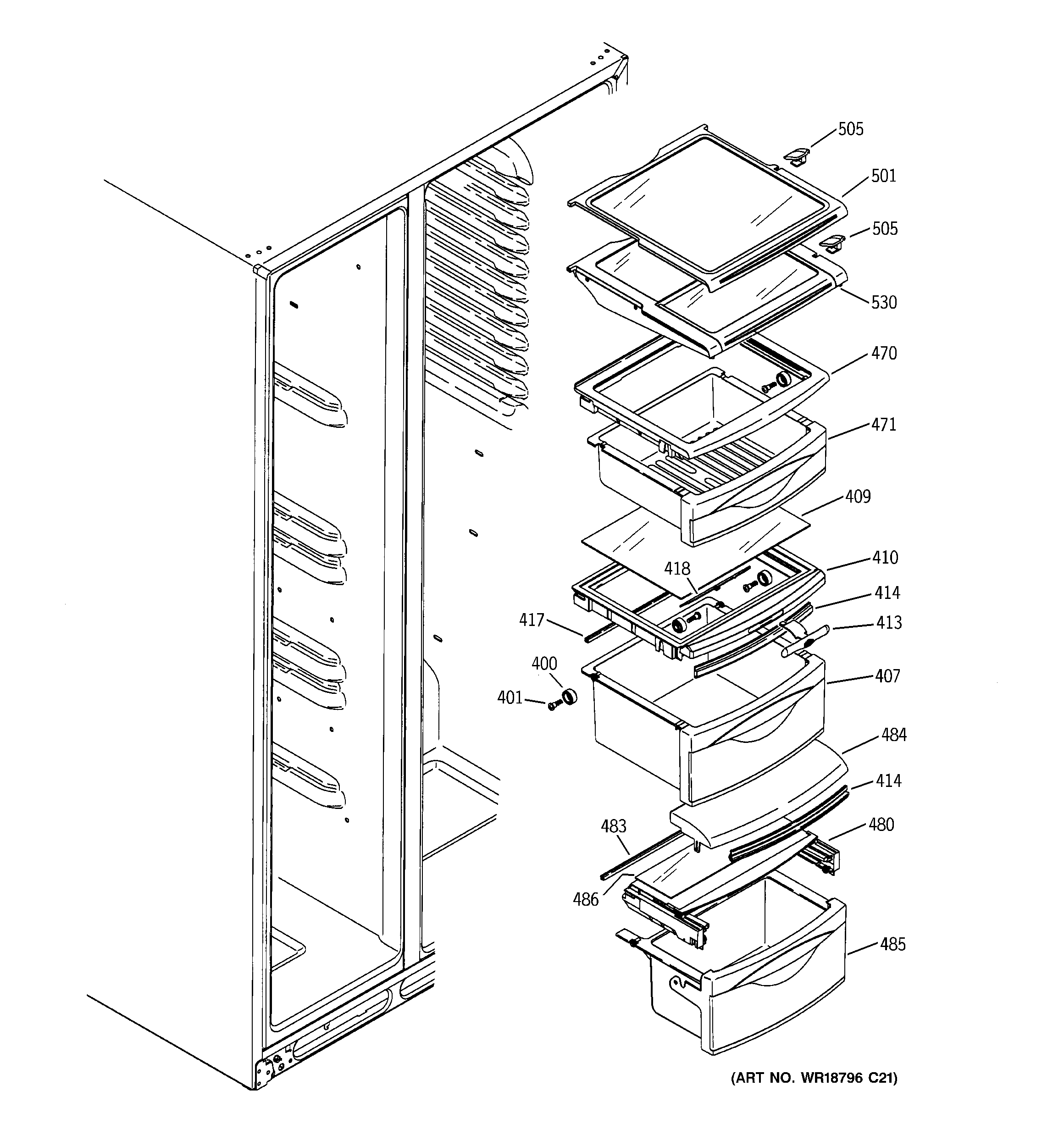 GE SSL27RGTEBS fresh food shelves diagram