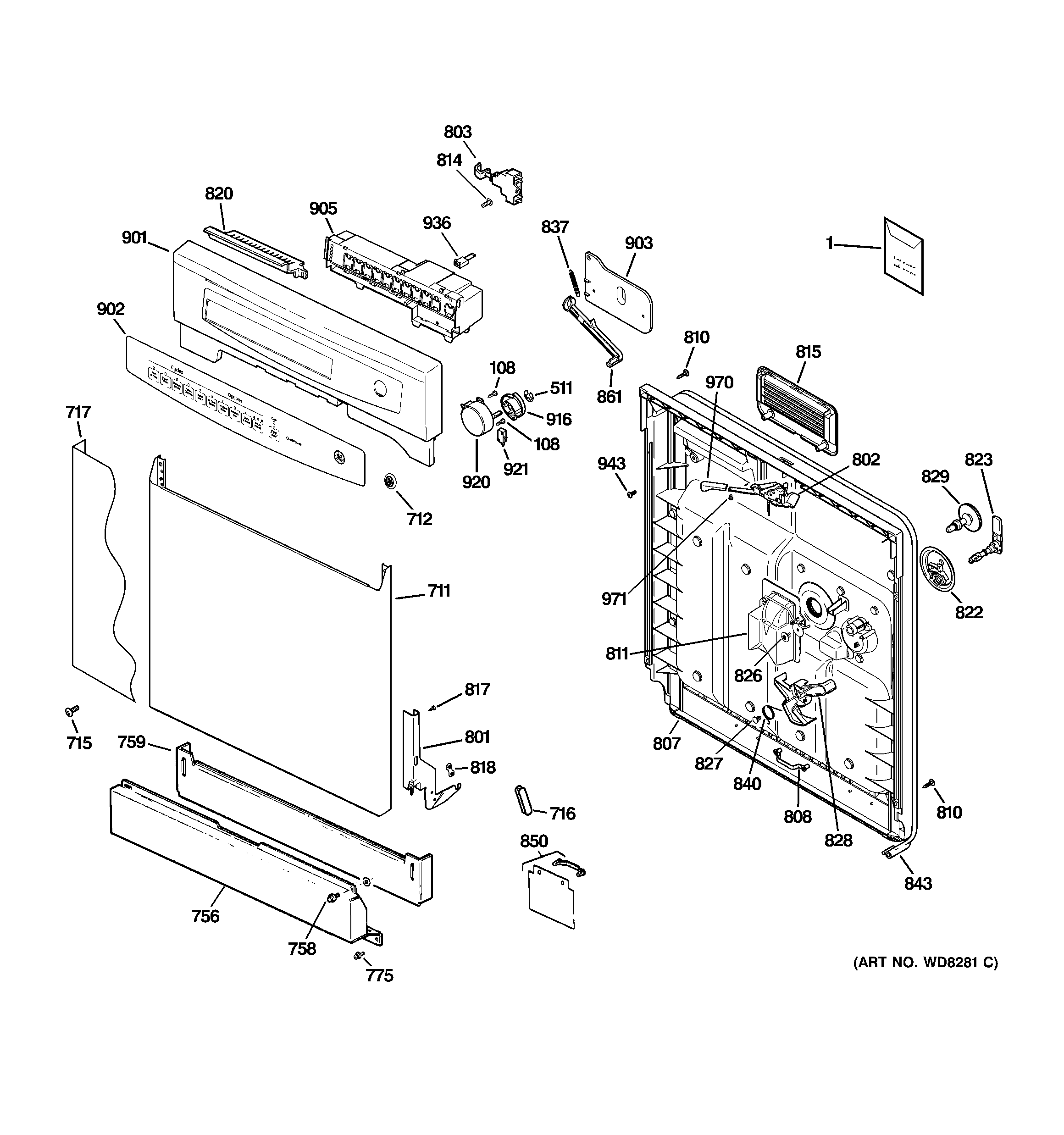 GE GSD4000N10WW escutcheon & door assembly diagram