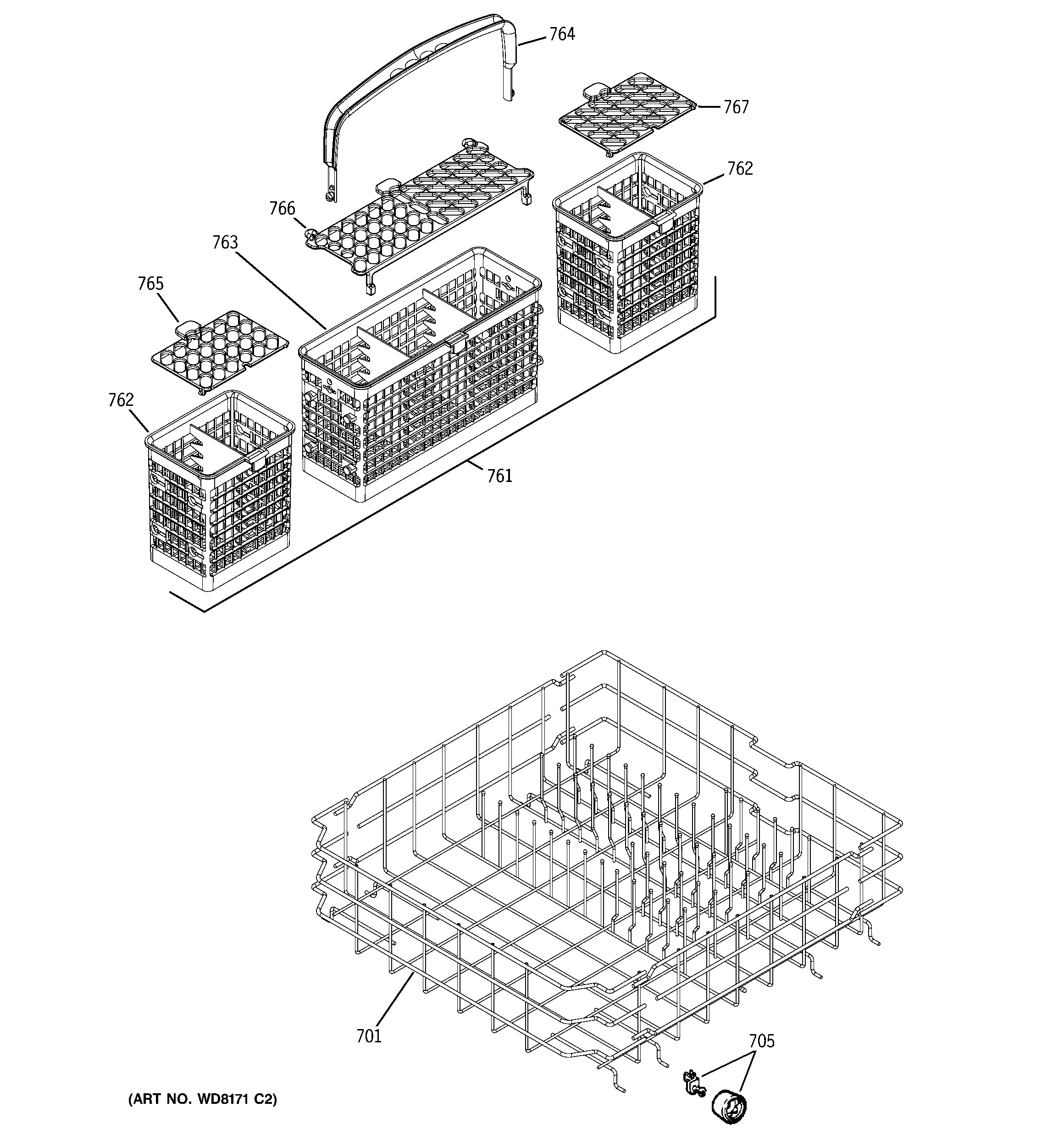 GE GLD6210L20BB lower rack assembly diagram