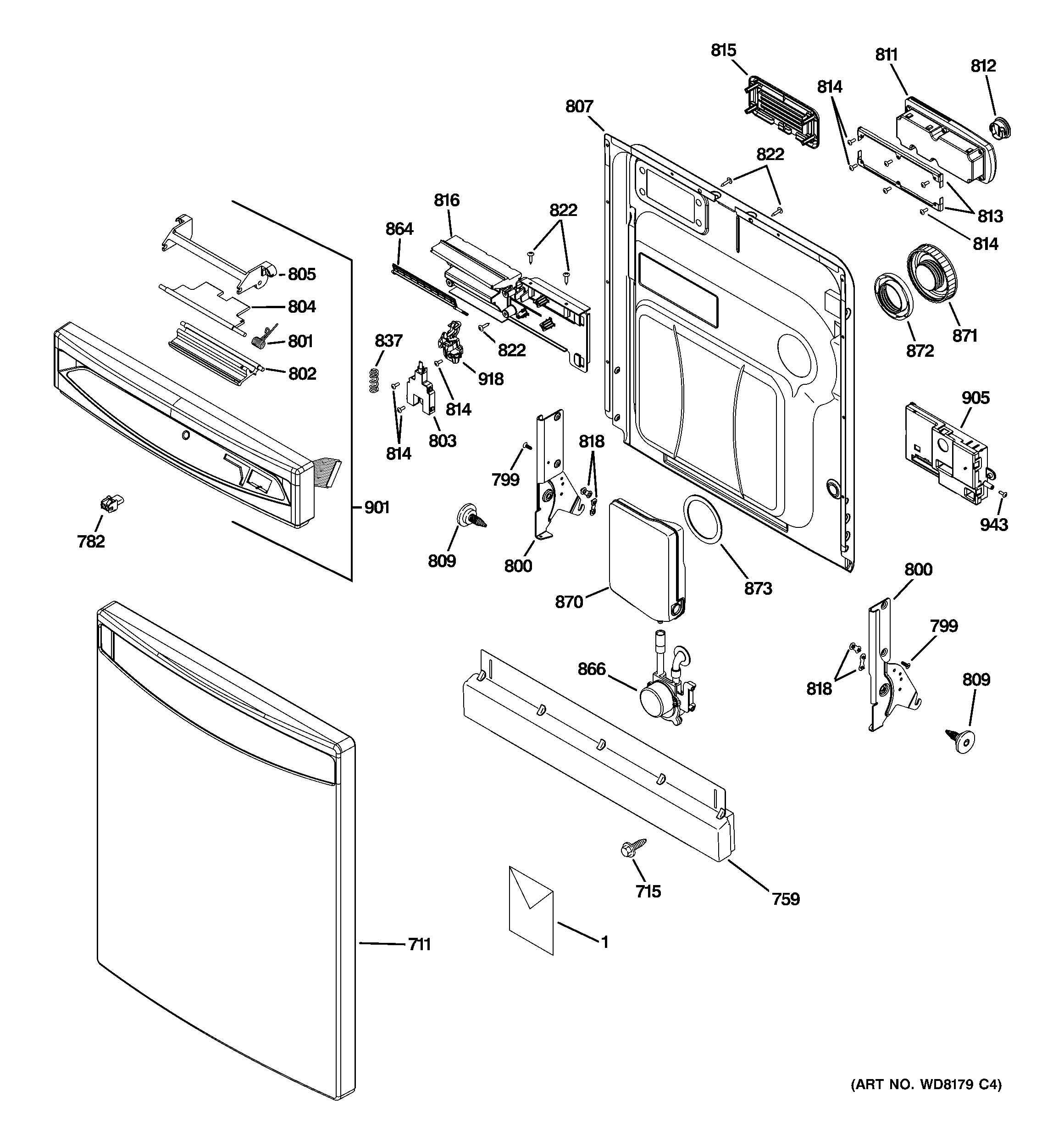 GE PDW8600N20WW escutcheon & door assembly diagram