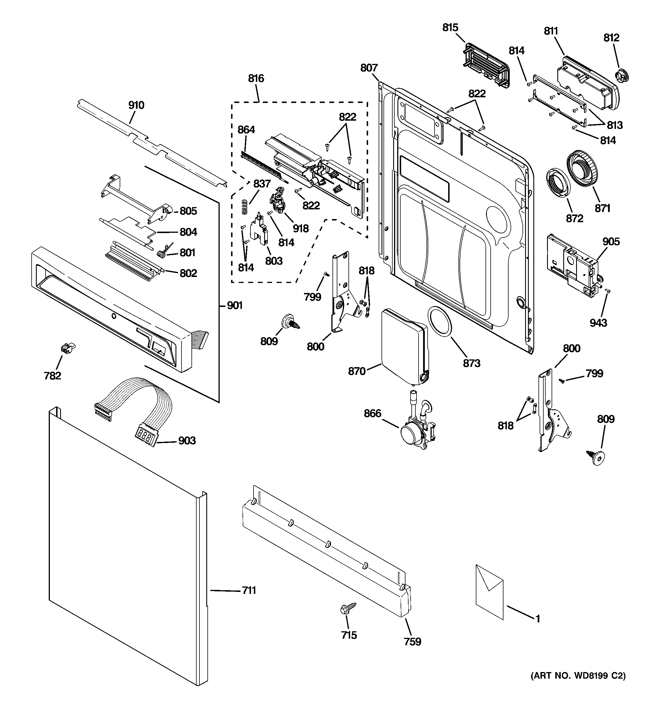 GE PDW8700N20WW escutcheon & door assembly diagram