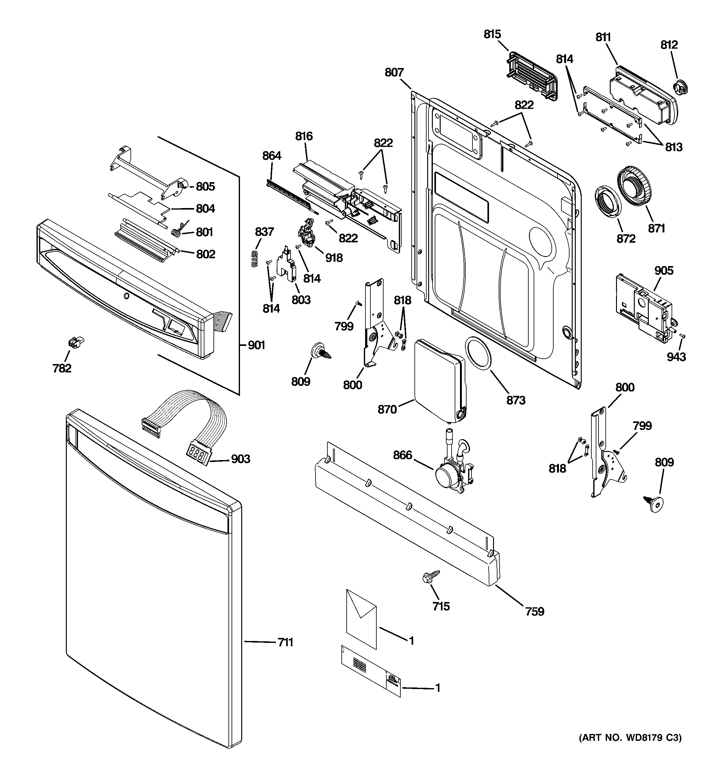 GE PDW8900N20WW escutcheon & door assembly diagram