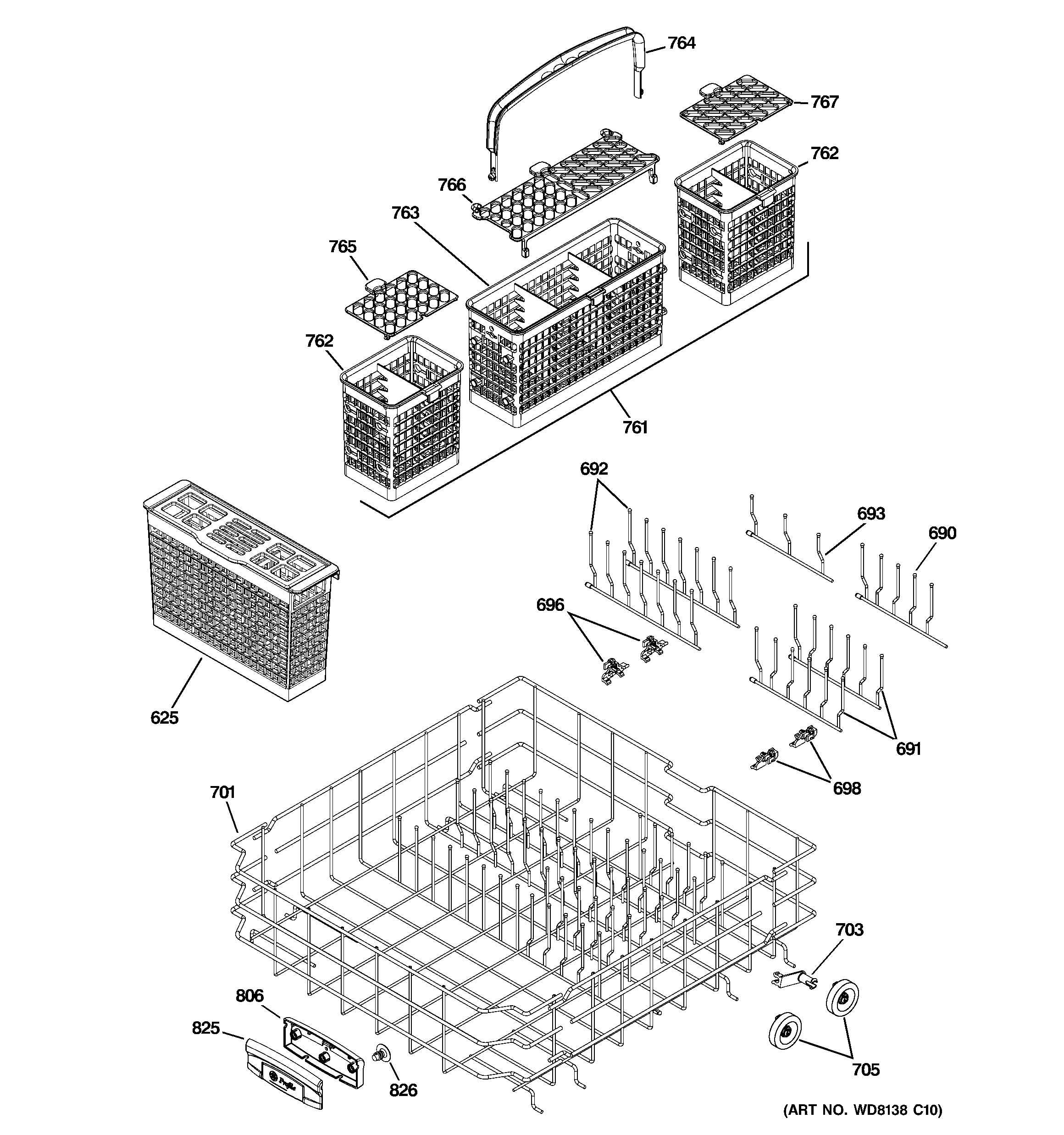 GE PDW8900N20WW lower rack assembly diagram