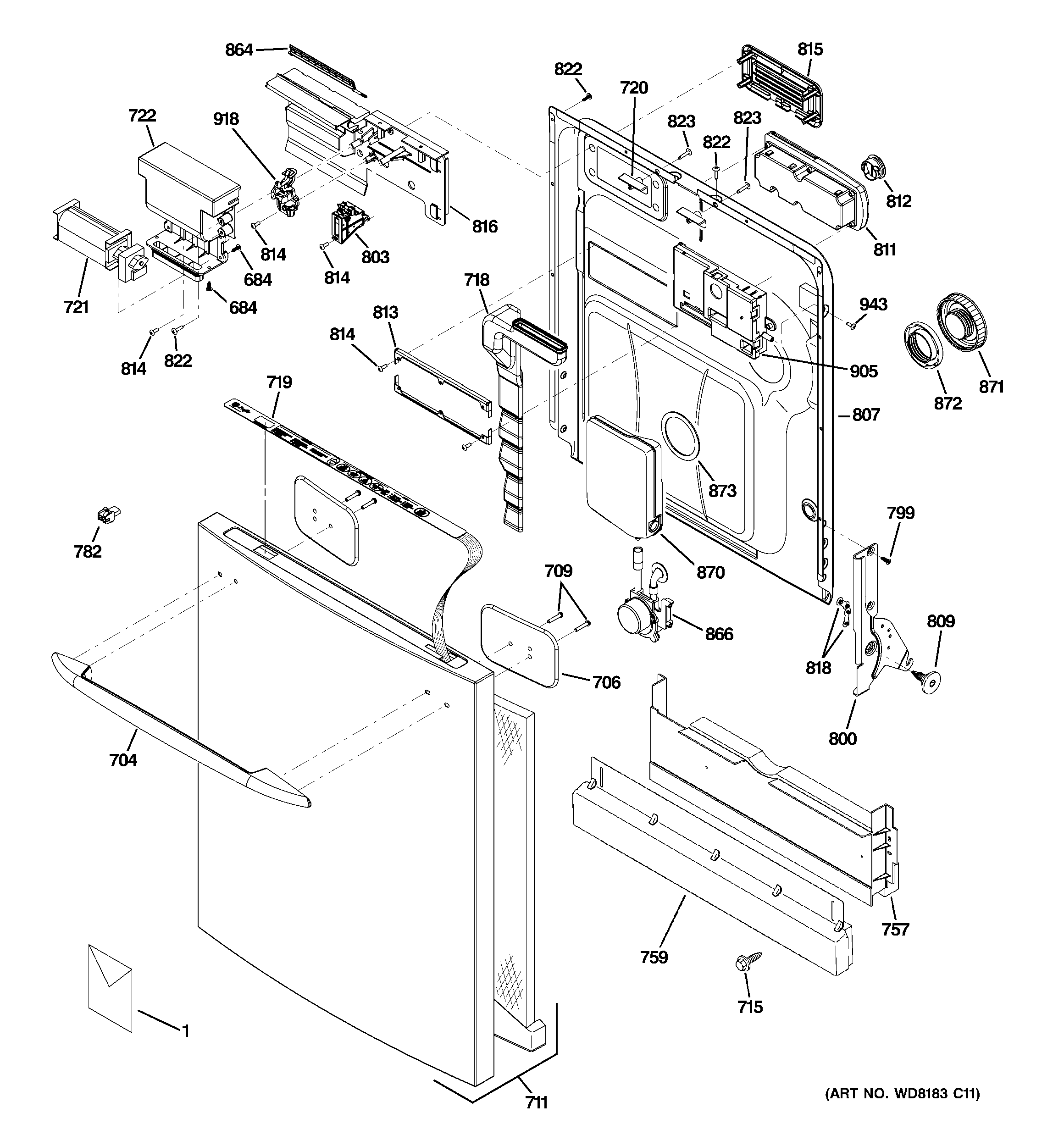 GE PDW9200N20BB escutcheon & door assembly diagram