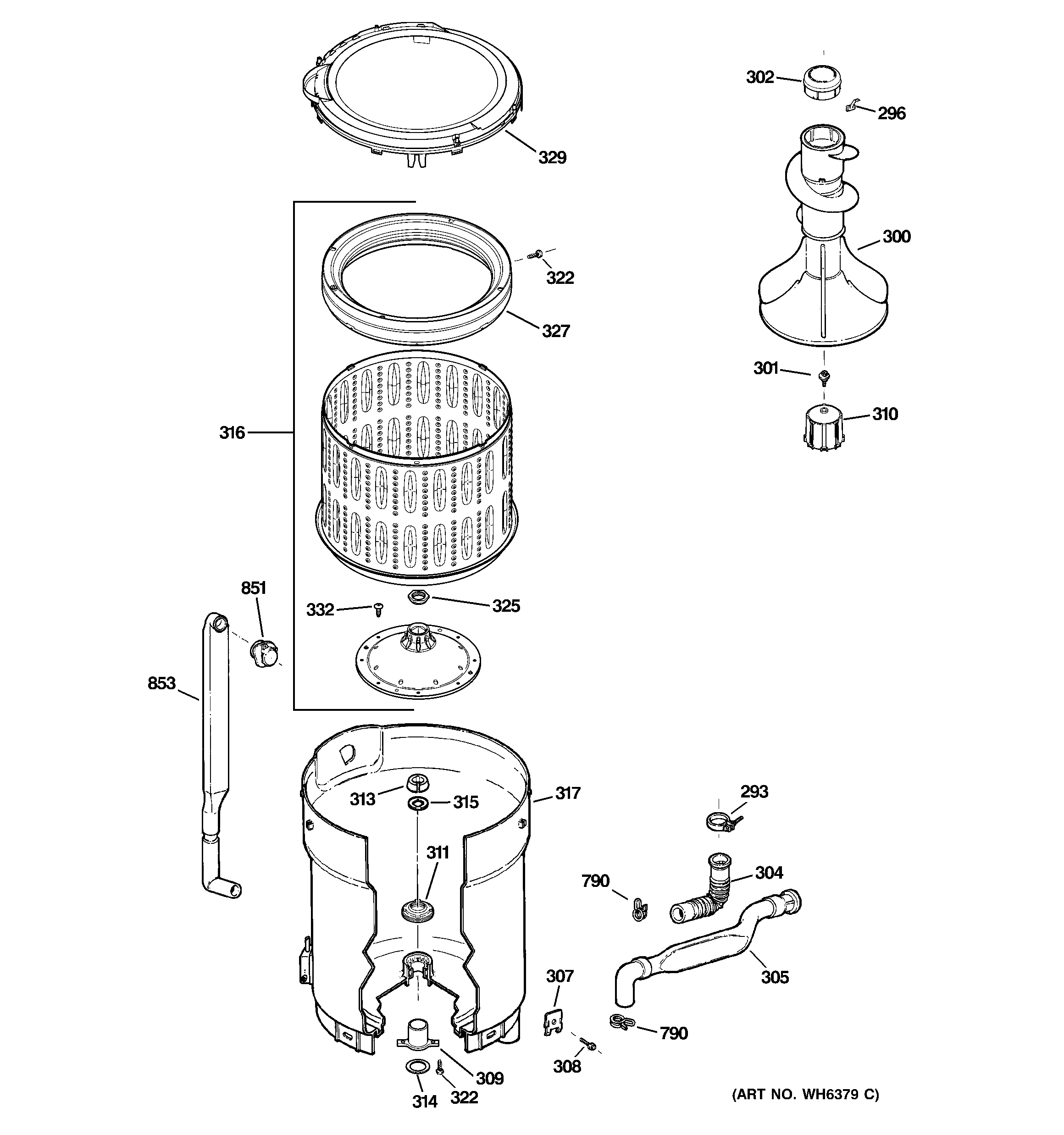 GE WCRD2050H3WC tub, basket & agitator diagram