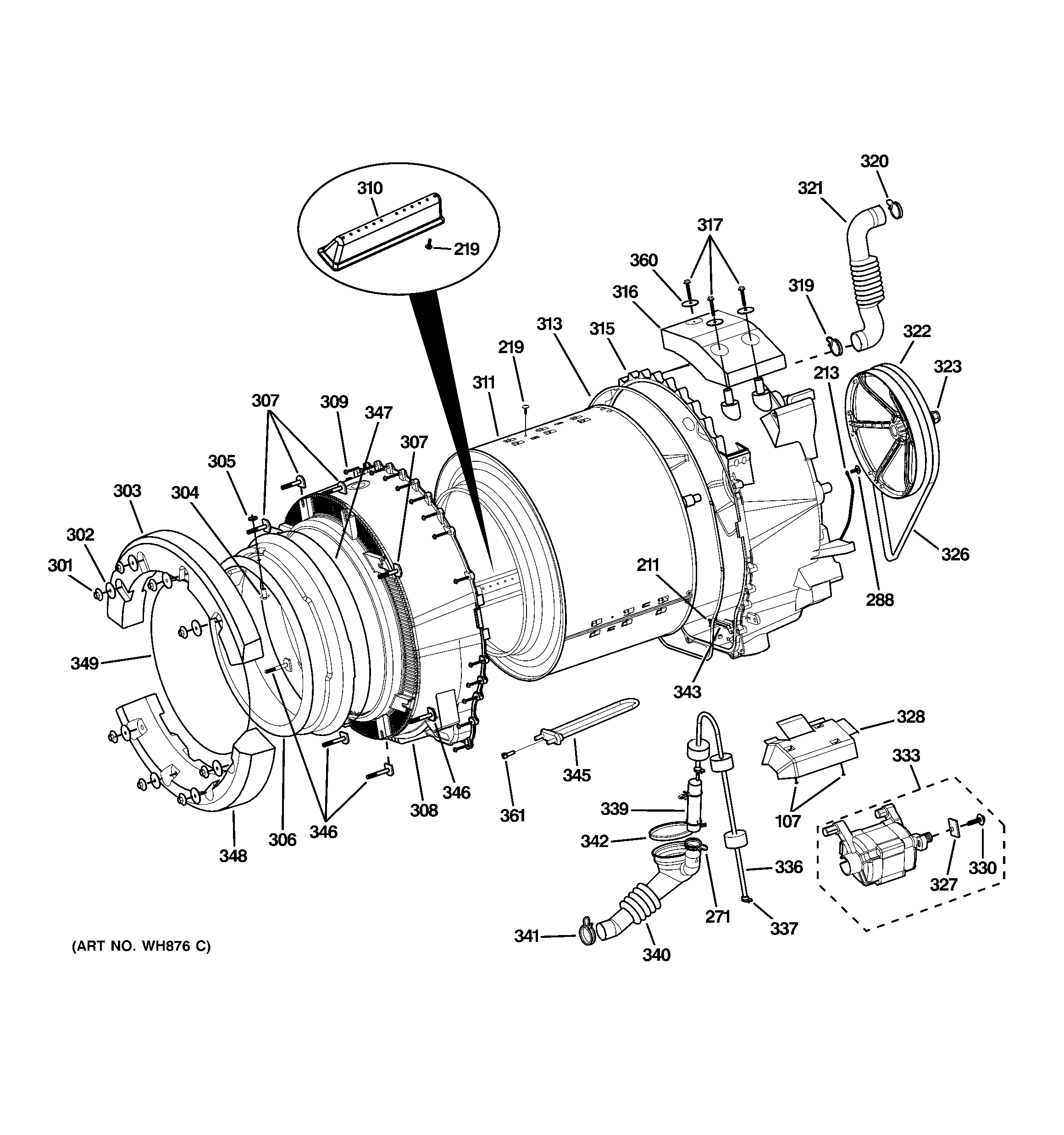 GE WHDVH660H1MS tub & motor diagram