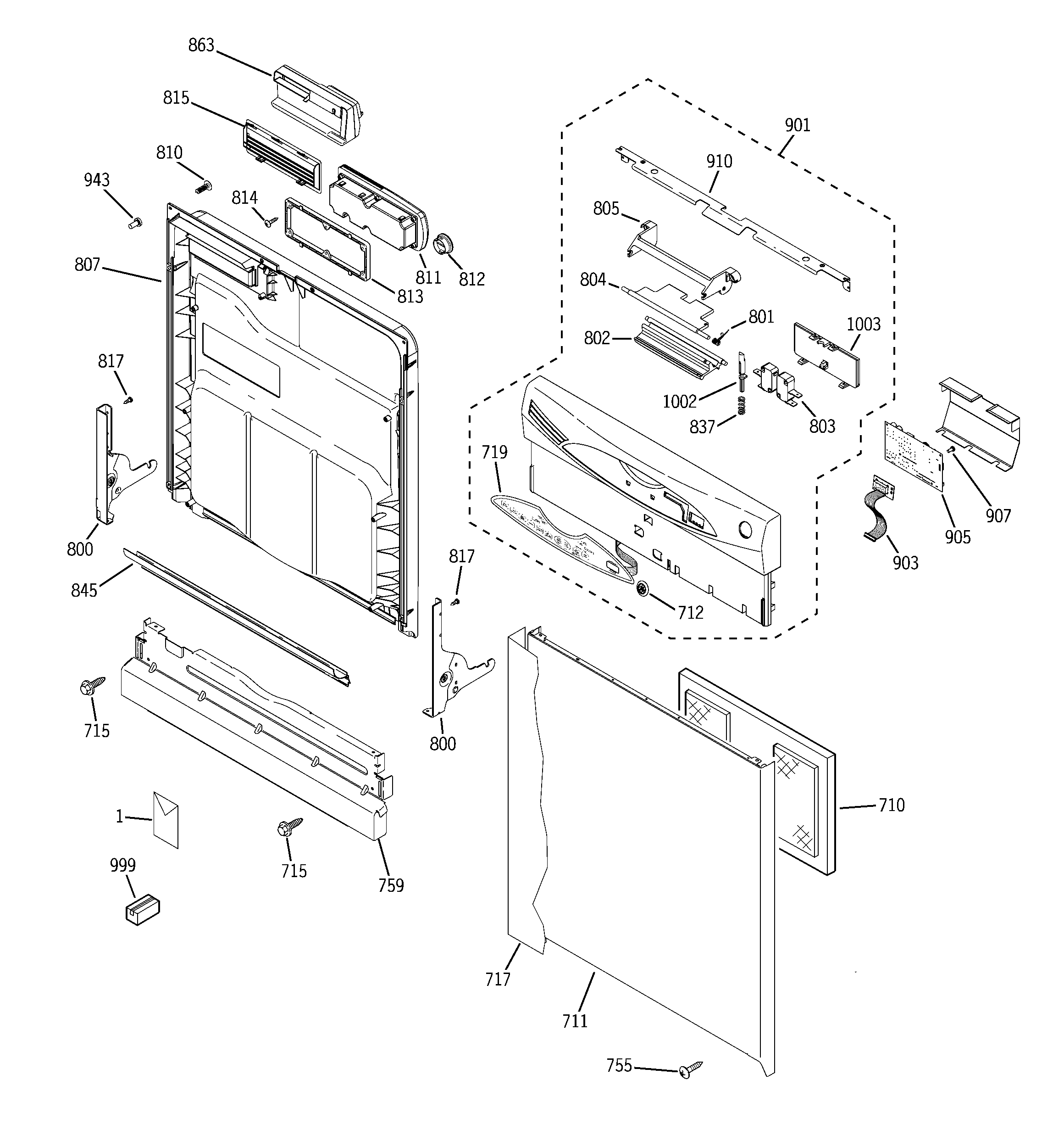 GE GHD6310L20SS escutcheon & door assembly diagram