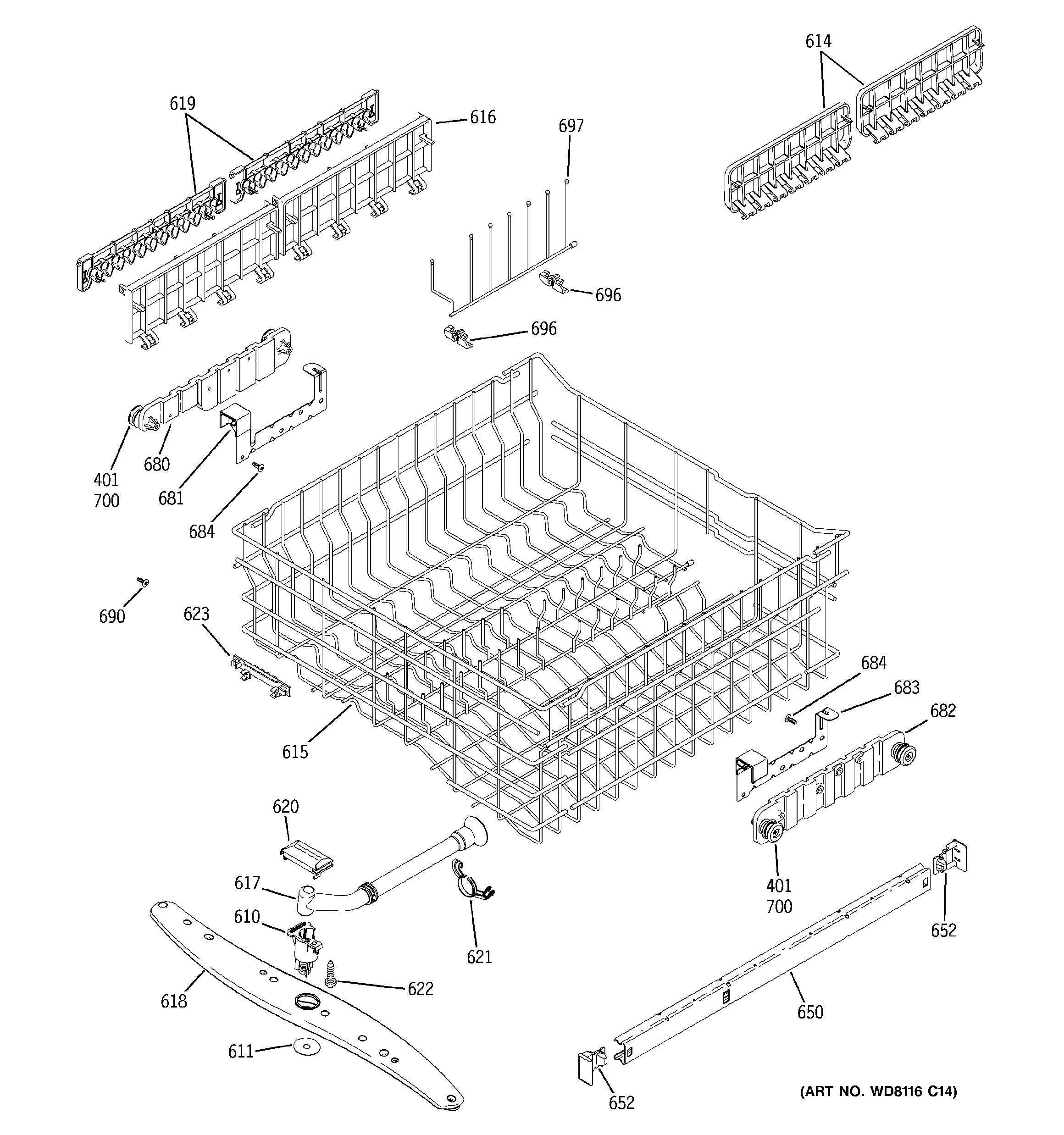 GE GLD6600N20WW upper rack assembly diagram