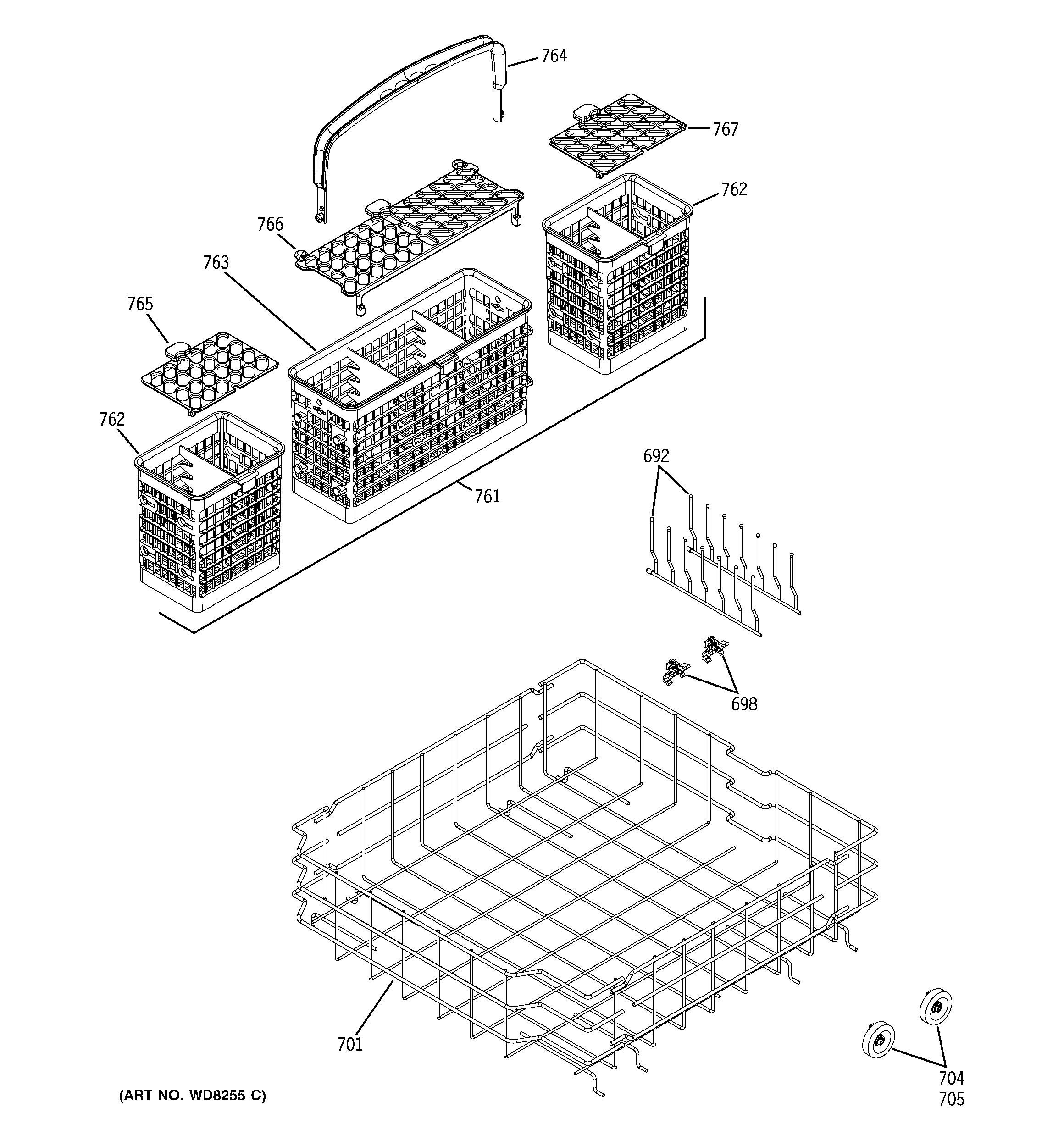GE GLD6600N20WW lower rack assembly diagram