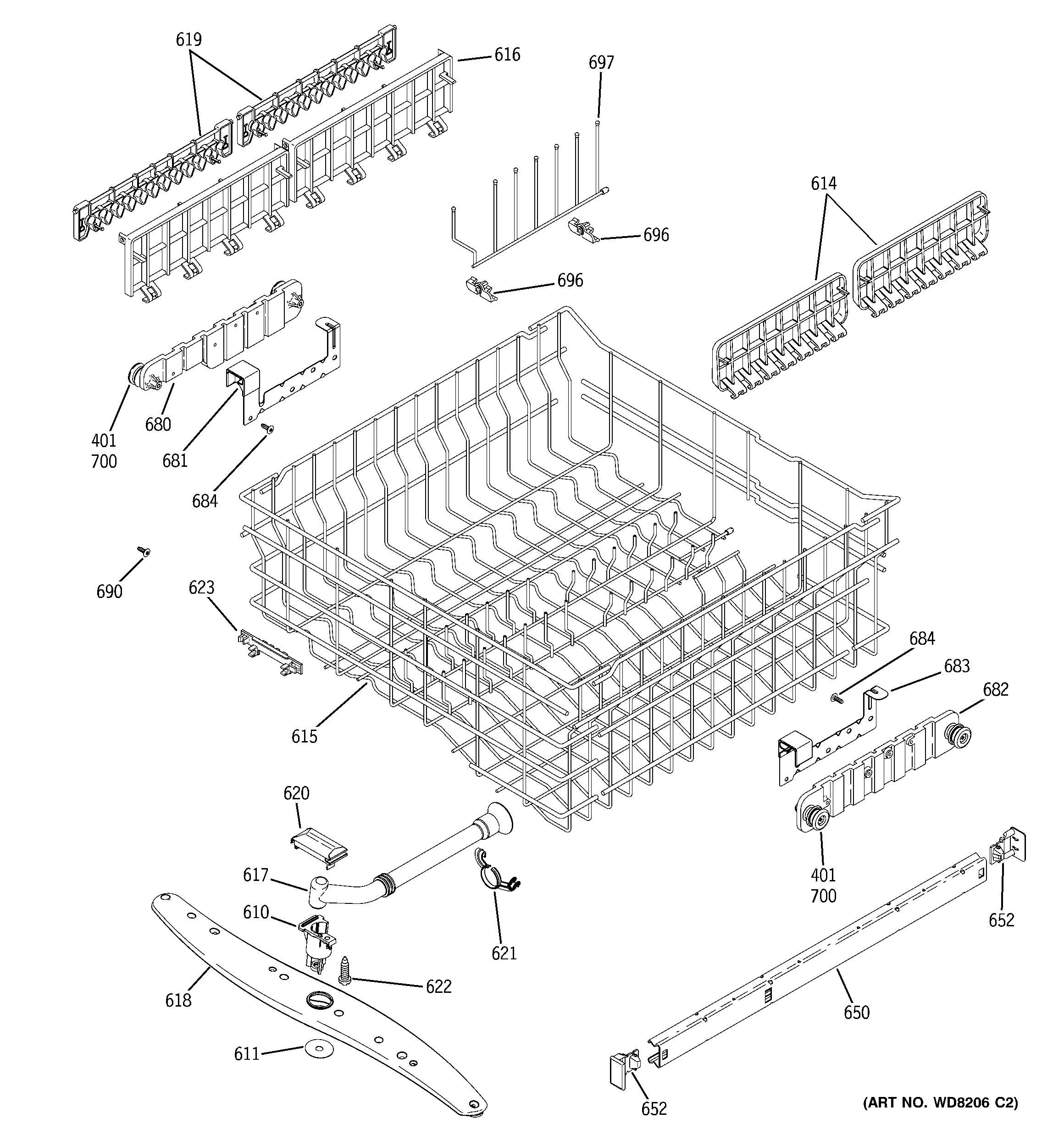 GE GLD6700N20CC upper rack assembly diagram