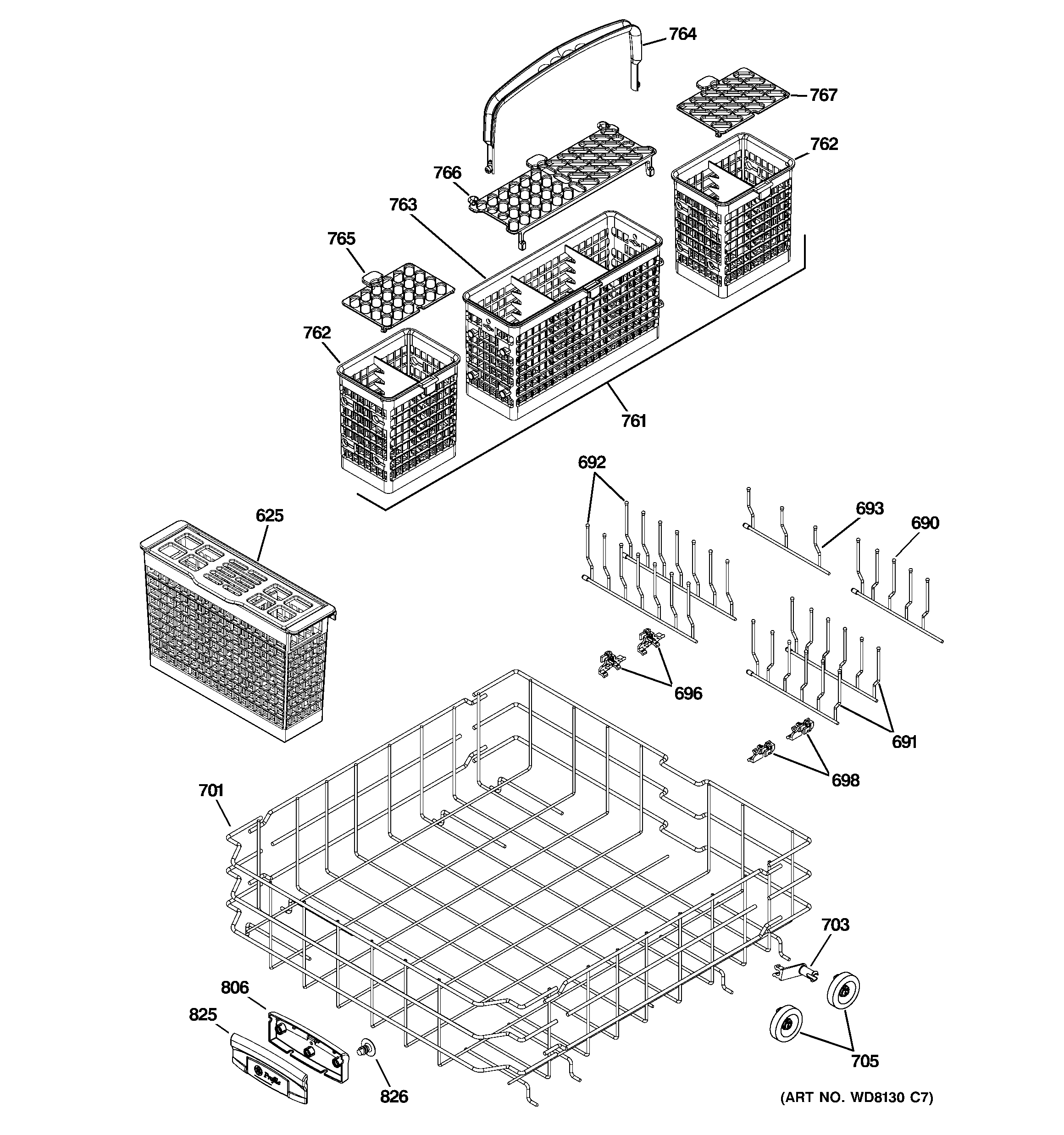 GE PDW9980N20SS lower rack assembly diagram