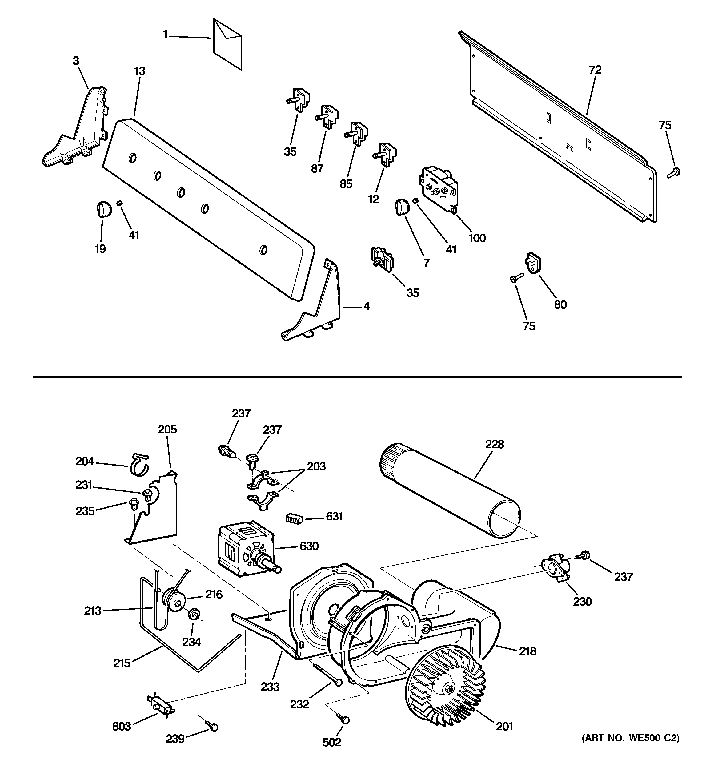 GE DWSR483EG4CC backsplash, blower & motor diagram