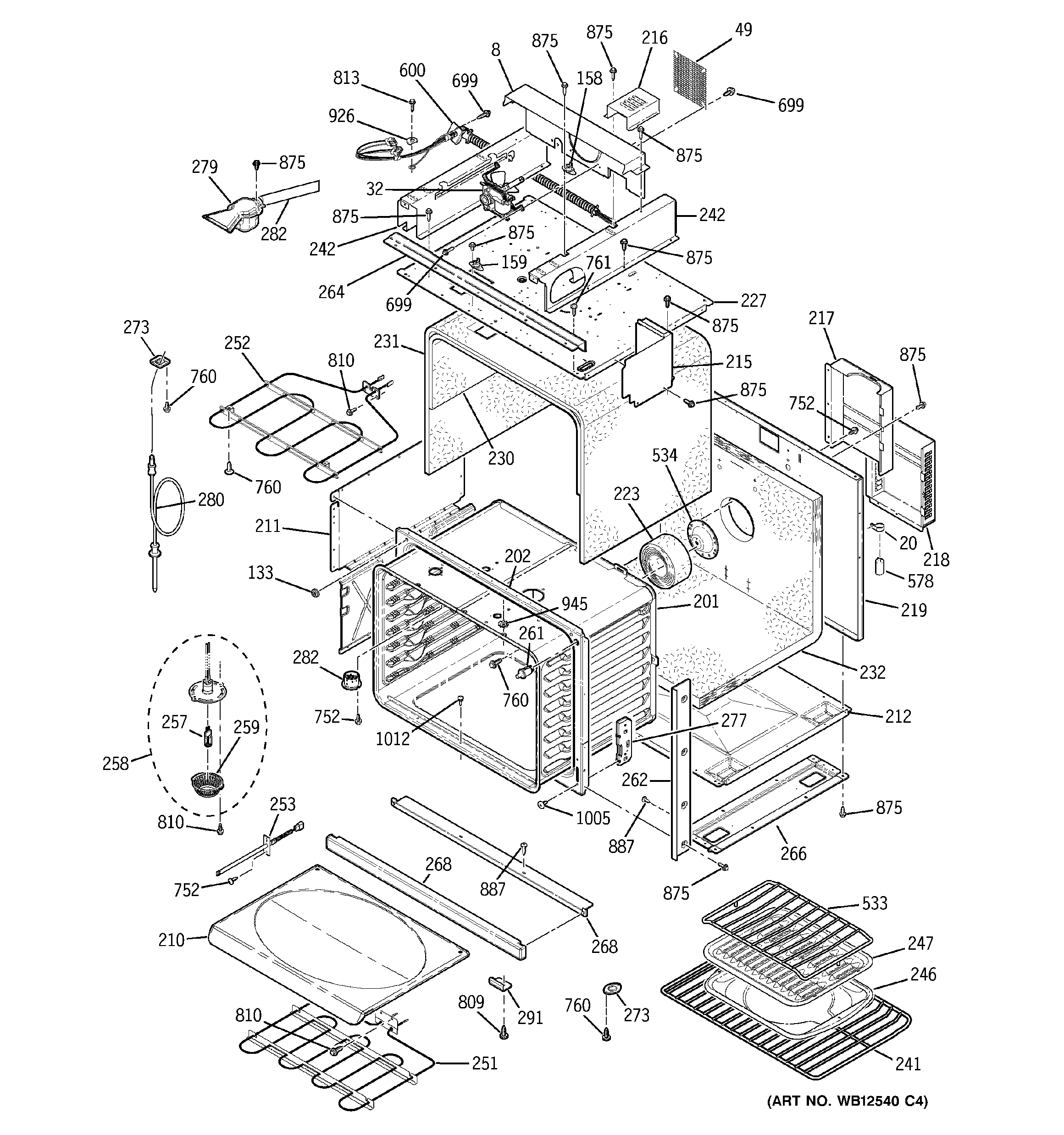GE JT965WF3WW body with microwave support diagram
