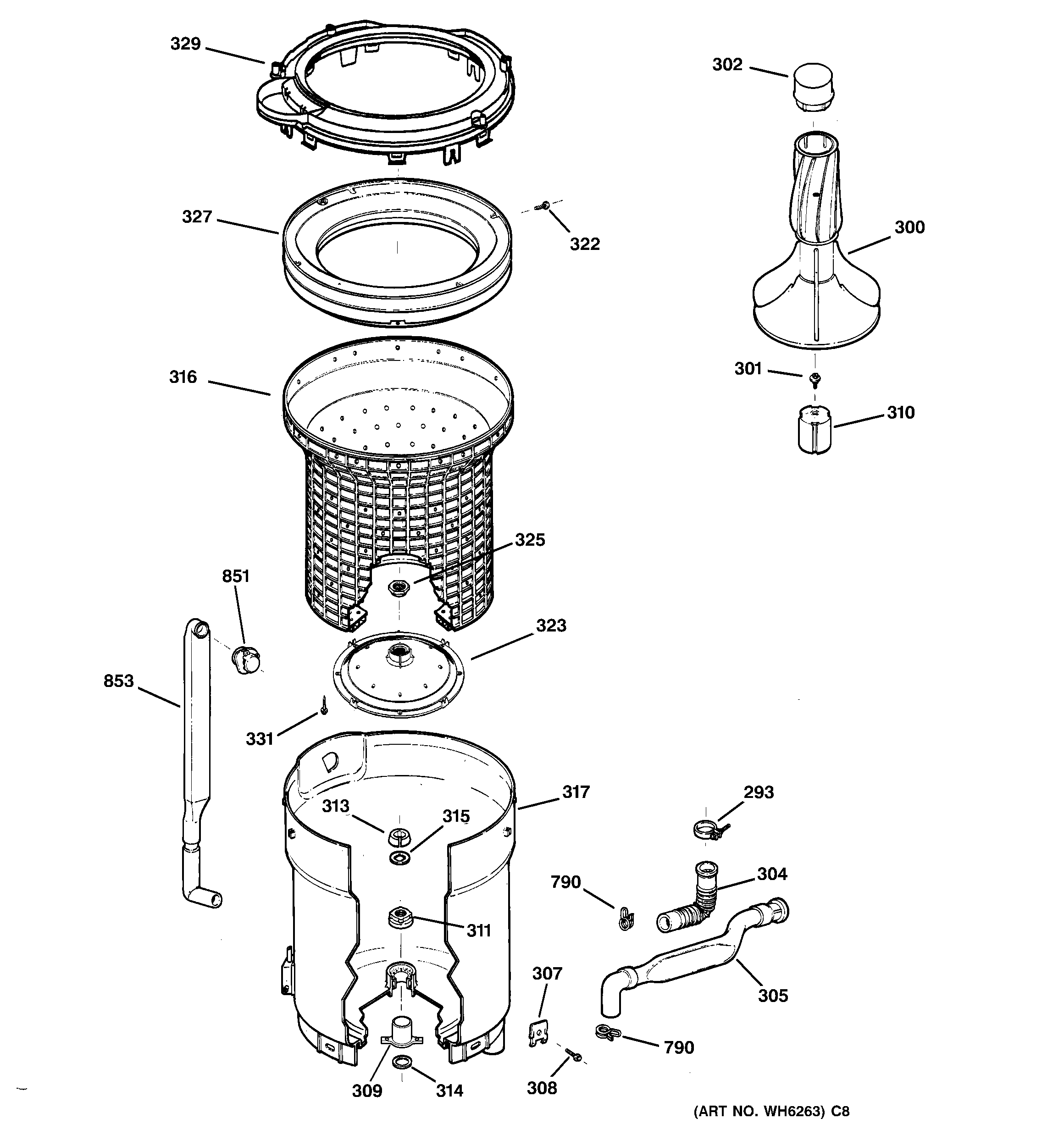 GE WHDSR209DAWW tub, basket & agitator diagram