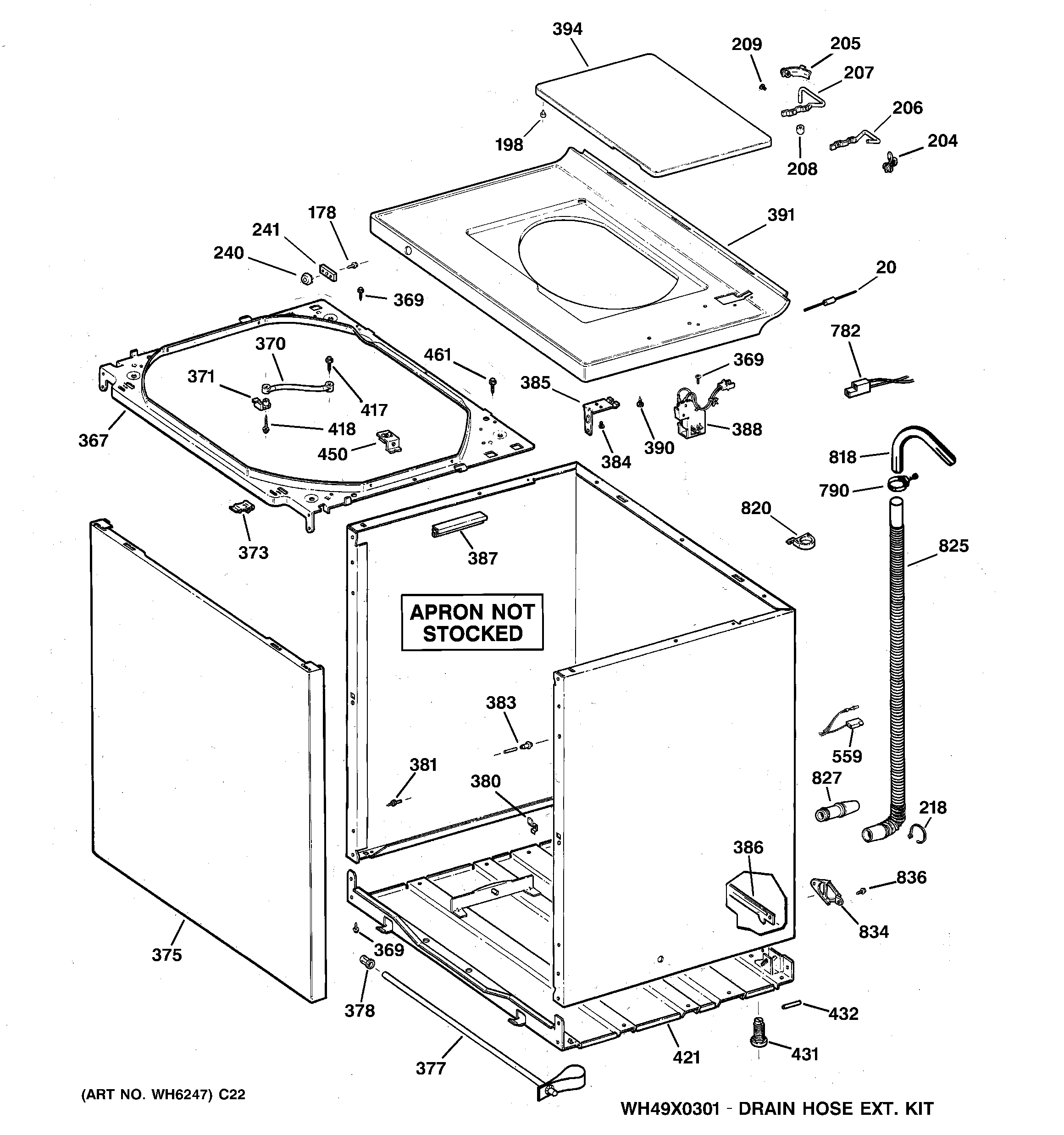 GE WMCD2050H0WC cabinet, cover & front panel diagram