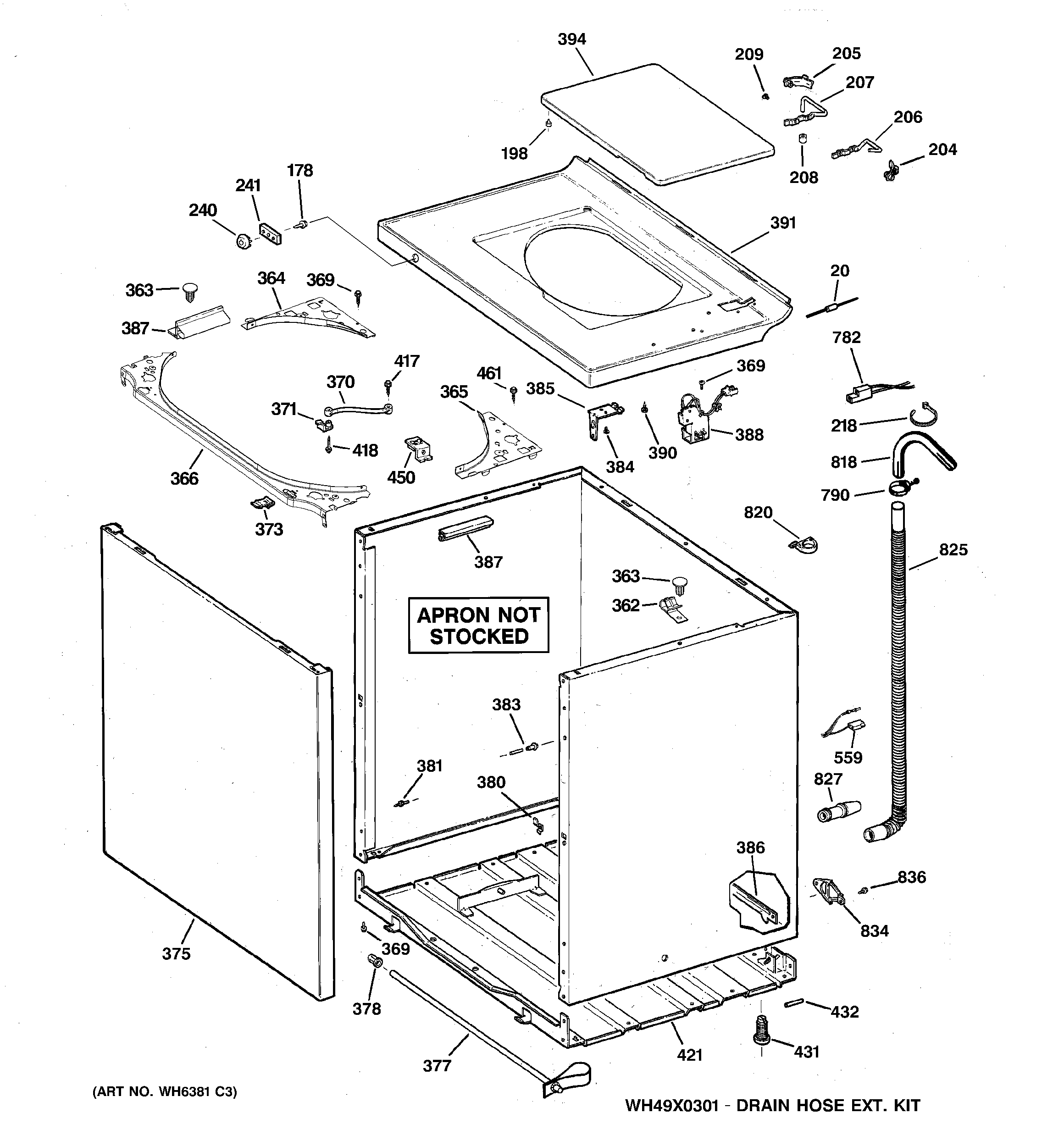 GE WMCD2050H1WC cabinet, cover & front panel diagram